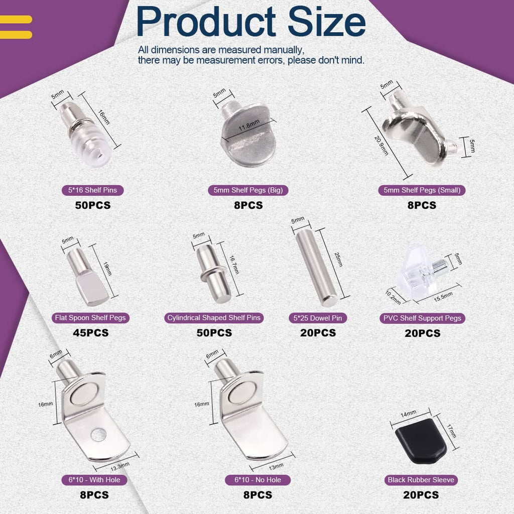 Swpeet 237Pcs 9 Styles Nickel Plated and Metal Shelf Pins Kit with Black Rubber Sleeves, Shelf Bracket Pegs Cabinet Shelf Support Peg Furniture Cabinet Shelf Pegs for Shelf Holes on Cabinets