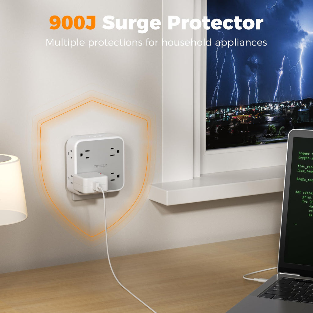 Multi Plug Outlet Extender, TESSAN 900J Surge Protector Plug Extension Block, 8 Outlet Splitter with 3 USB Ports (1 USB C), Electrical Socket for Home Office Dorm Room Essentials, Gray