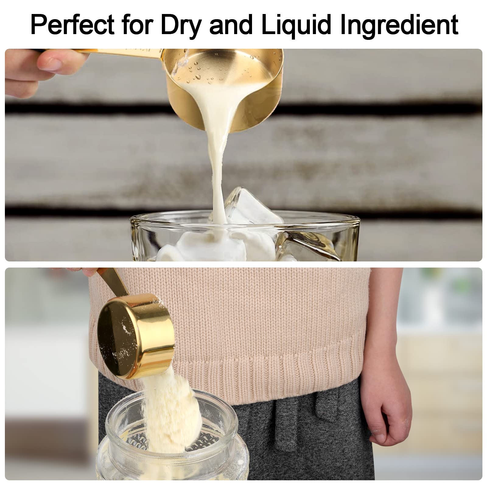 GuDoQi Measuring Cups and Spoons Set of 9, Stainless Steel Handle with Metric and US Measurements, Golden Polished Finish, Dry & Liquid Ingredient Measuring Cup for Cooking and Baking