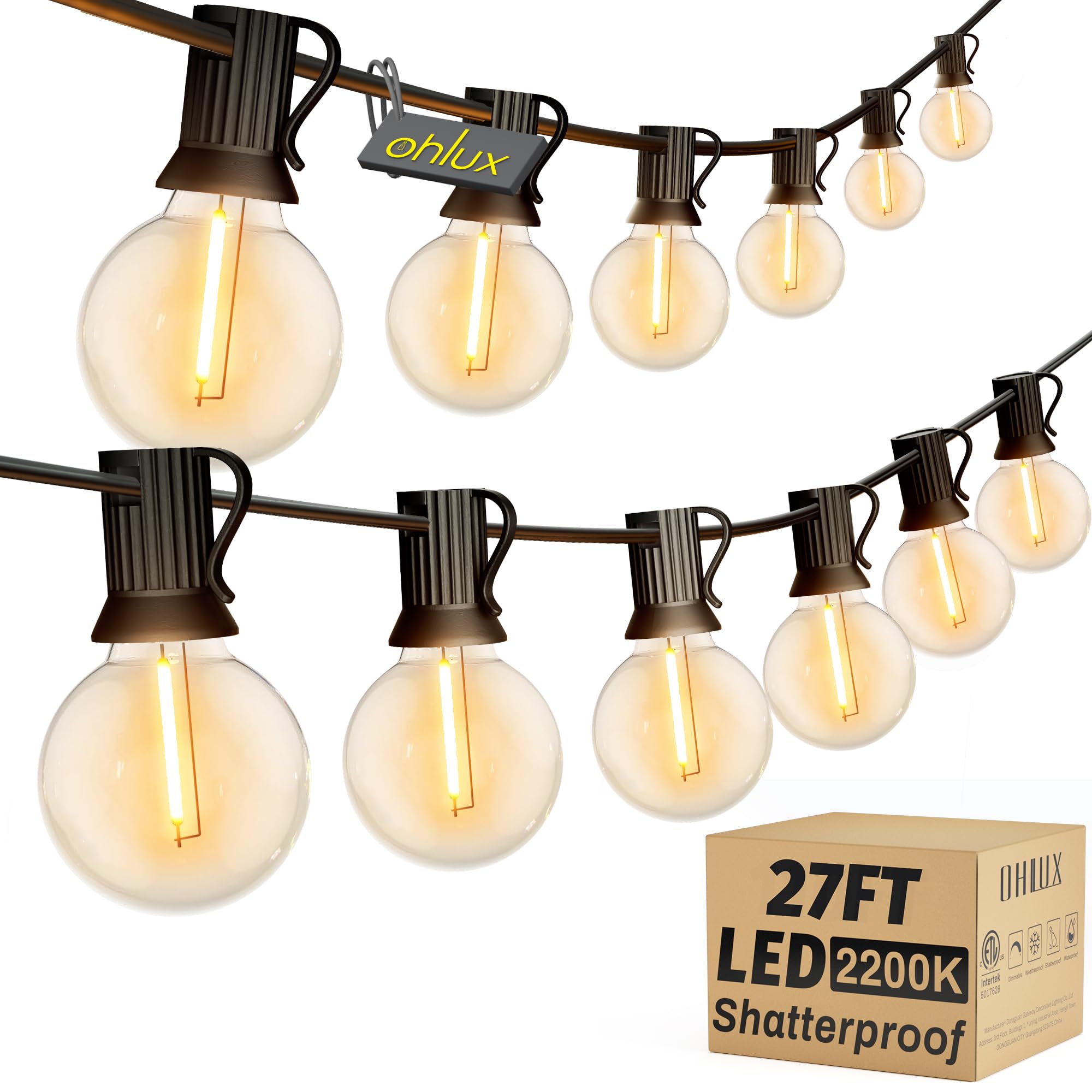 OHLUX Outdoor String Lights, 27FT G40 Globe LED Patio Lights with 13 Dimmable Plastic Bulbs 1 Spare, 2200K Waterproof Connectable Hanging Lights for Backyard Porch Cafe Party Decor, E12 Socket Base
