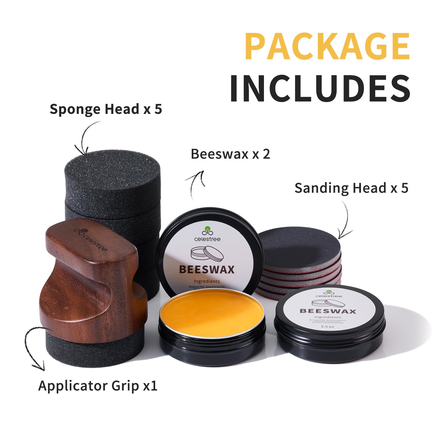 Food Grade Wax Cutting Board Care Kit - Reusable 5 Sponges & 5 Sandpapers, Ergonomic Wood Handle Applicator, 7oz Beeswax Polish for Wood Maintenance, Furniture, Butcher Block, Cast Iron, DIY
