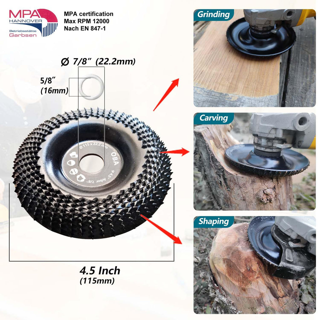OBA Wood Carving Disc for Angle Grinder 4 1/2 Inch, Wood Shaping Grinding Wheel with 7/8” Arbor