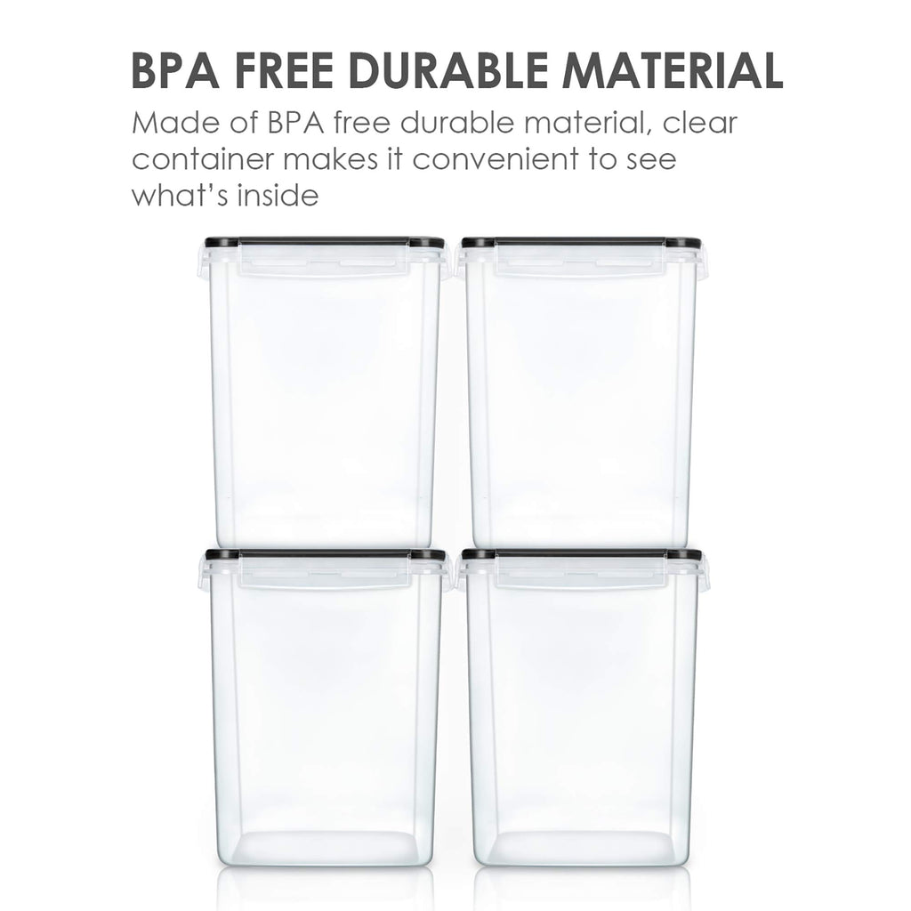Vtopmart 4 Pcs Large Pantry Food Storage Containers 5.2L, 176oz, Plastic Airtight Kitchen Organizers and Storage for Flour, Cereal, and Pasta with 4 Measuring Cups and 24 Labels, Black