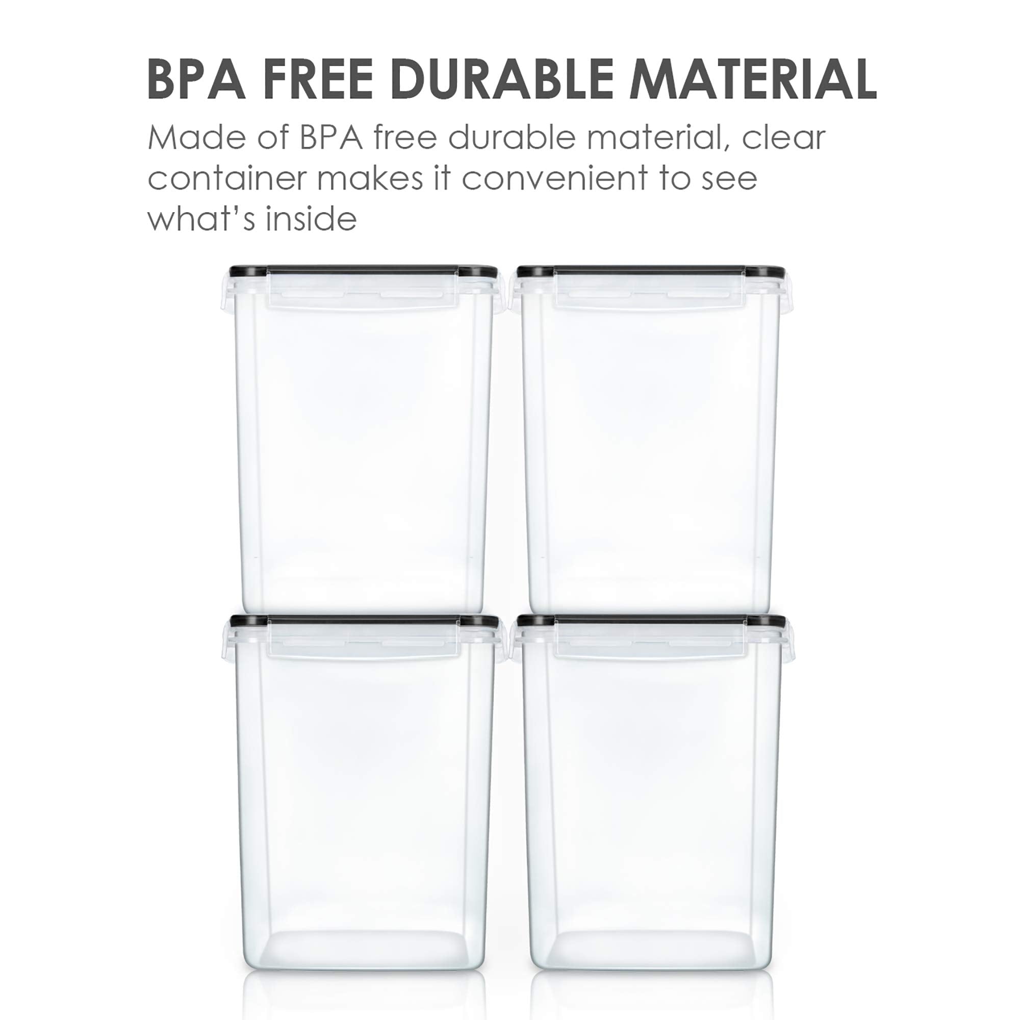 Vtopmart 4 Pcs Large Pantry Food Storage Containers 5.2L, 176oz, Plastic Airtight Kitchen Organizers and Storage for Flour, Cereal, and Pasta with 4 Measuring Cups and 24 Labels, Black