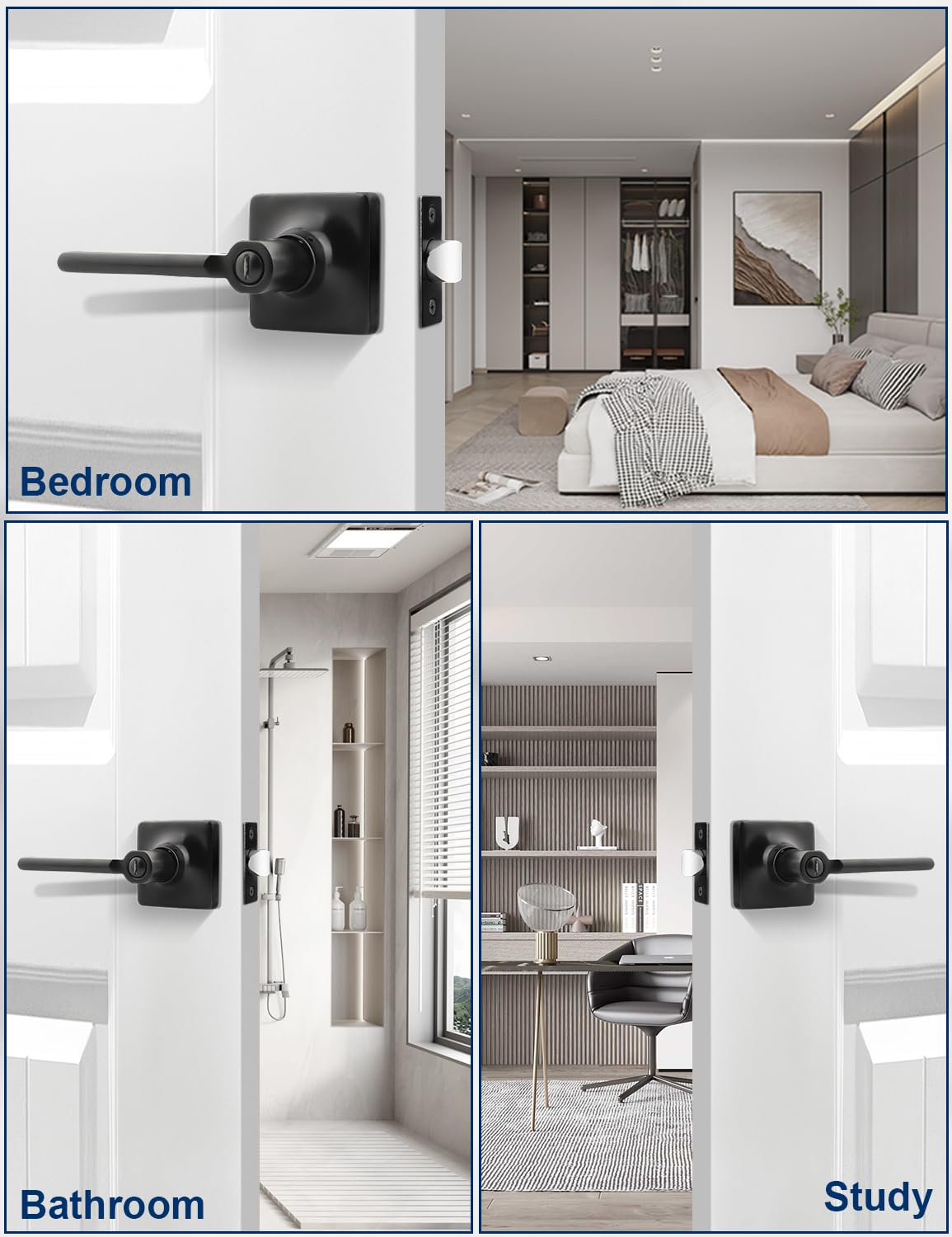 Mengico Matte Black Door Handles Interior 1 Pack, Square Privacy Door Levers, Keyless Door Handle with Lock, Modern Black Door Knobs for Bedroom and Bedroom, Reversible for Right/Left Side