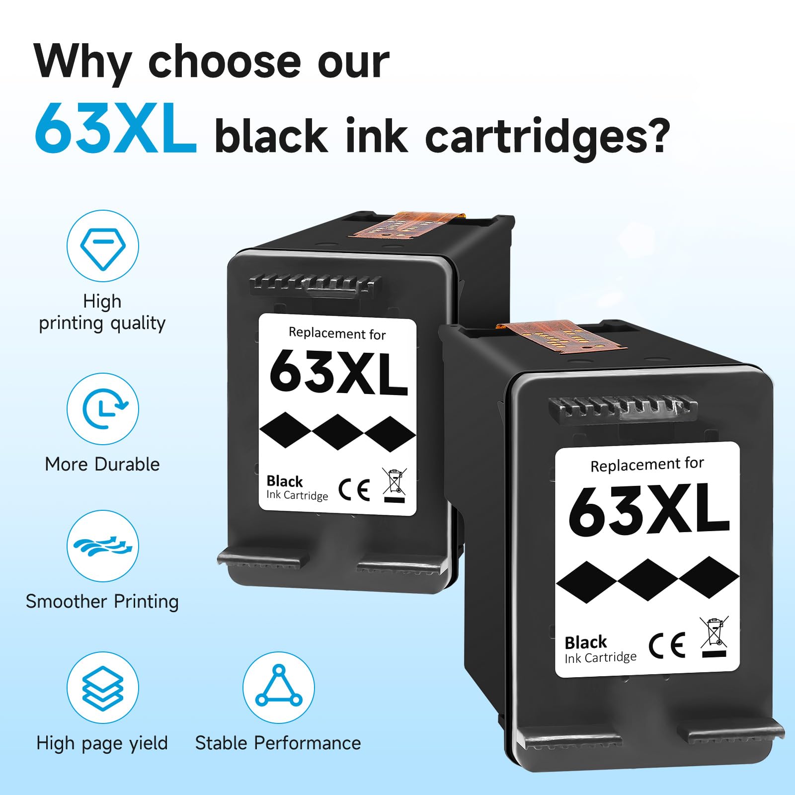 63XL for HP 63XL Black Ink Cartridge for HP Ink 63 HP63XL HP63 High Yield Fit for HP Envy 4520 4512 4511 4524 4522 OfficeJet 4650 3830 52525 5258 4655 5200 5212 4652 DeskJet 3630 1112 Printer(2 Black)