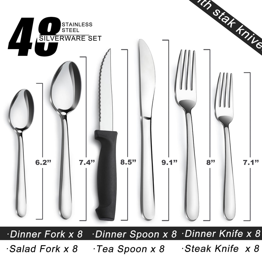 Pleafind 48-Pcs Silverware Set for 8, Flatware Set with Steak Knives, Stainless Steel Cutlery Set, Include Forks Spoons and Knives Set, Dishwasher Safe Utensil Sets for Home Restaurant