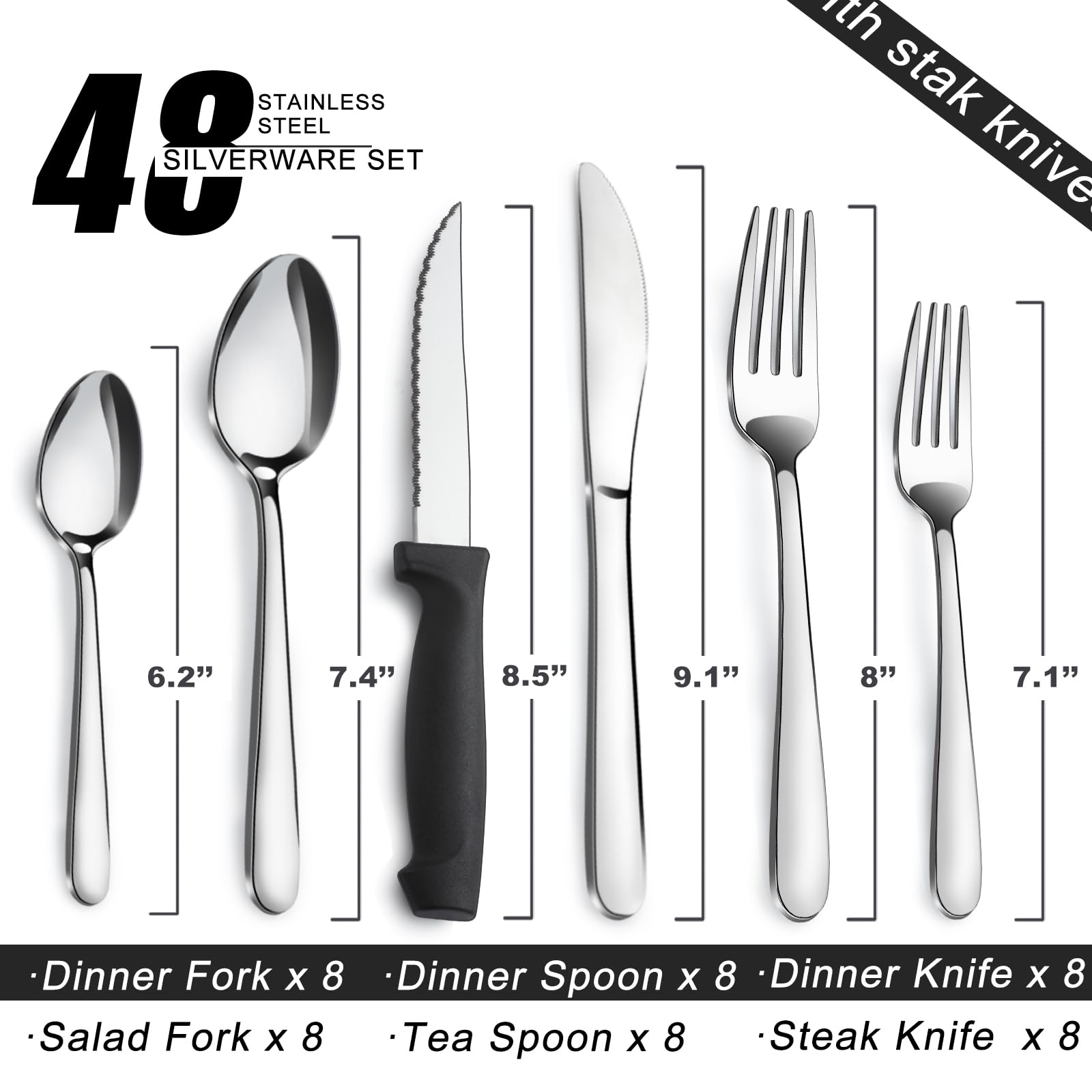 Pleafind 48-Pcs Silverware Set for 8, Flatware Set with Steak Knives, Stainless Steel Cutlery Set, Include Forks Spoons and Knives Set, Dishwasher Safe Utensil Sets for Home Restaurant