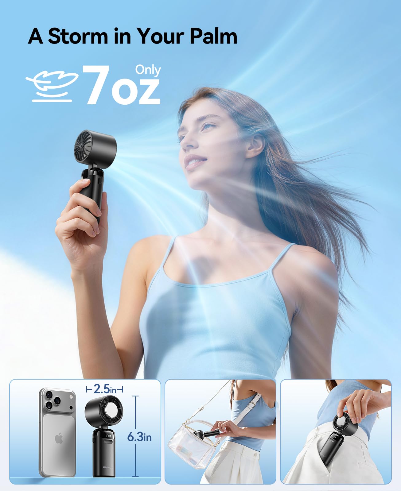 KIMMOO Portable Handheld Turbo Fan with Ice Cooler, Powerful 21000 RPM, Speed (1-199), Up to 14Hrs Cooling, Rechargeable Personal Fan (Black)