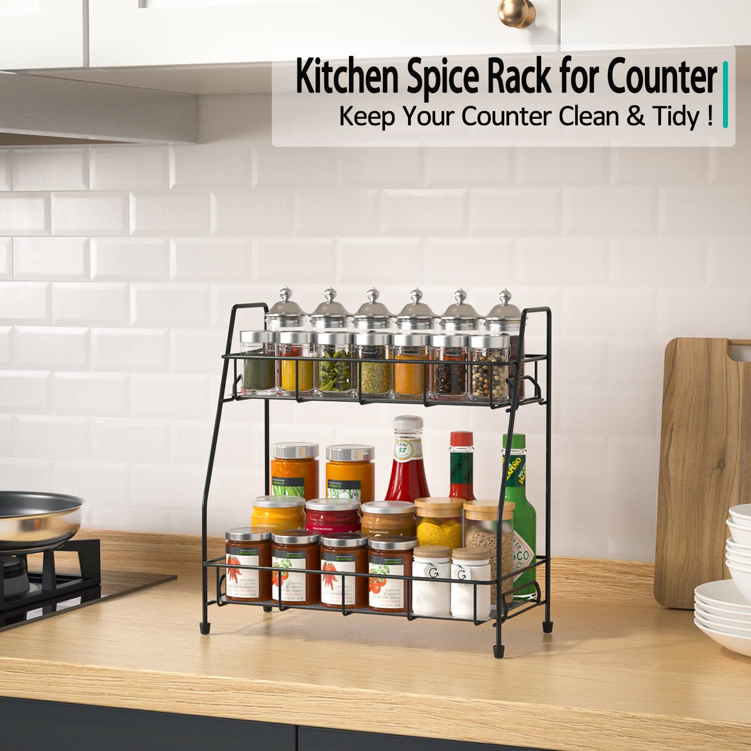 Spice Rack Organizer for Countertop Kitchen,2 Tier Bathroom Organizer Shelves Storage for Counter(Black)