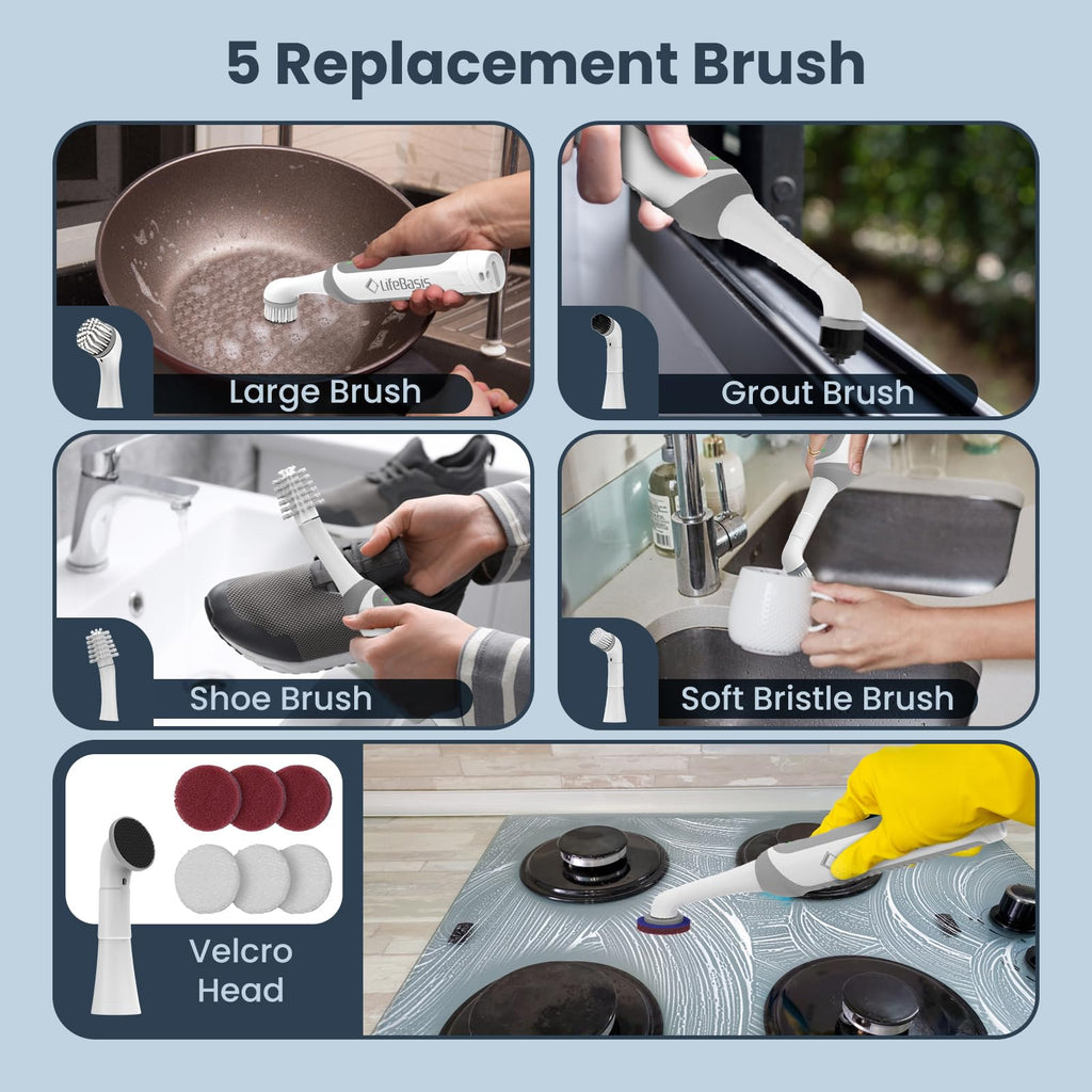 LifeBasis Rechargeable Power Scrubber, Cordless Electric Cleaning Brush, Water Resistant Small Electric Grout Brush with 5 Brushes for Home/Kitchen/Bathroom/Grout/Tile/Shower/Tub, White