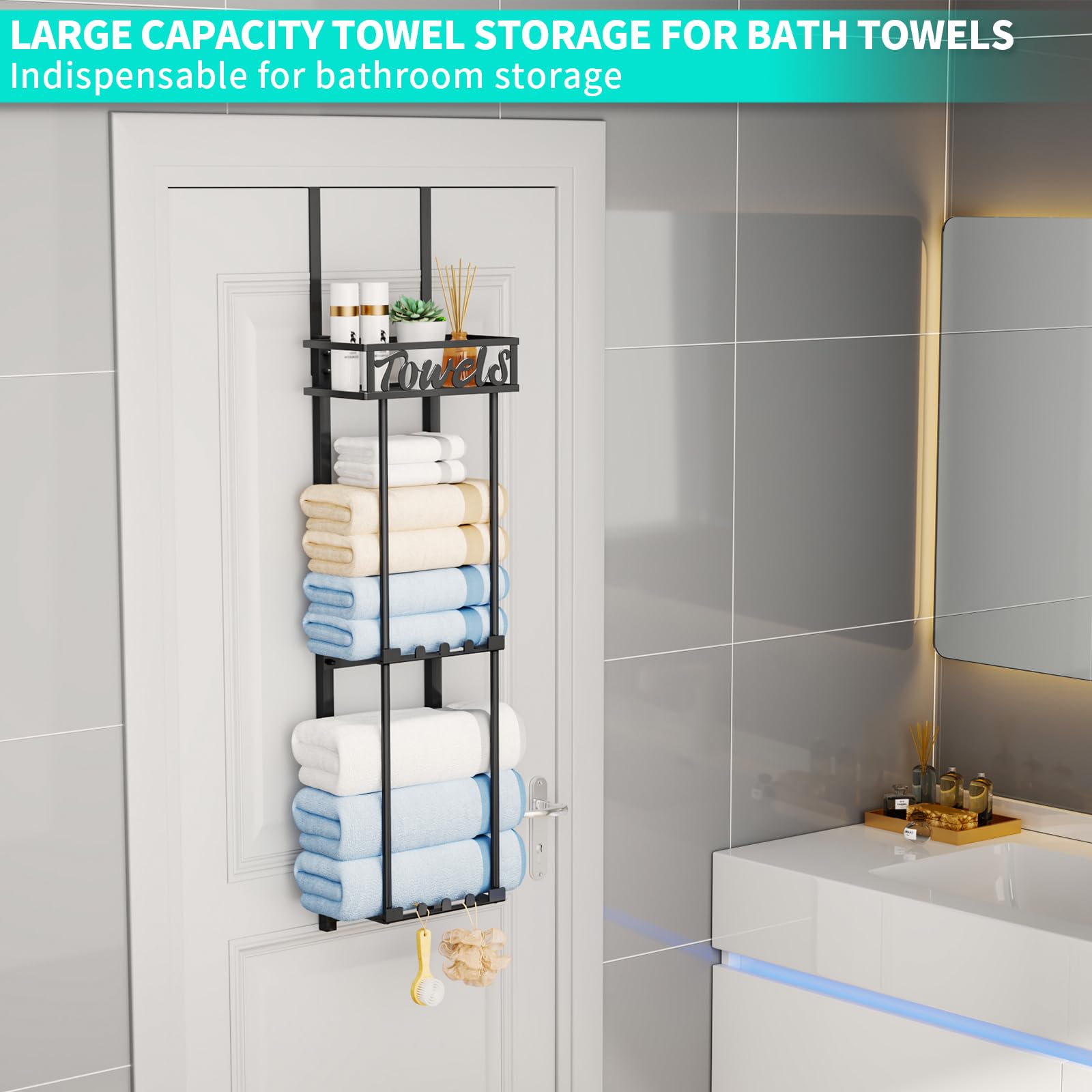 HapiRm Towel Rack Bathroom Storage - 3 Tier Over The Door & Wall Mounted Rolled Towel Rack Holder Organizer with Metal Shelf and 6 Hooks for Small Bathroom, Camper, Rv - Black