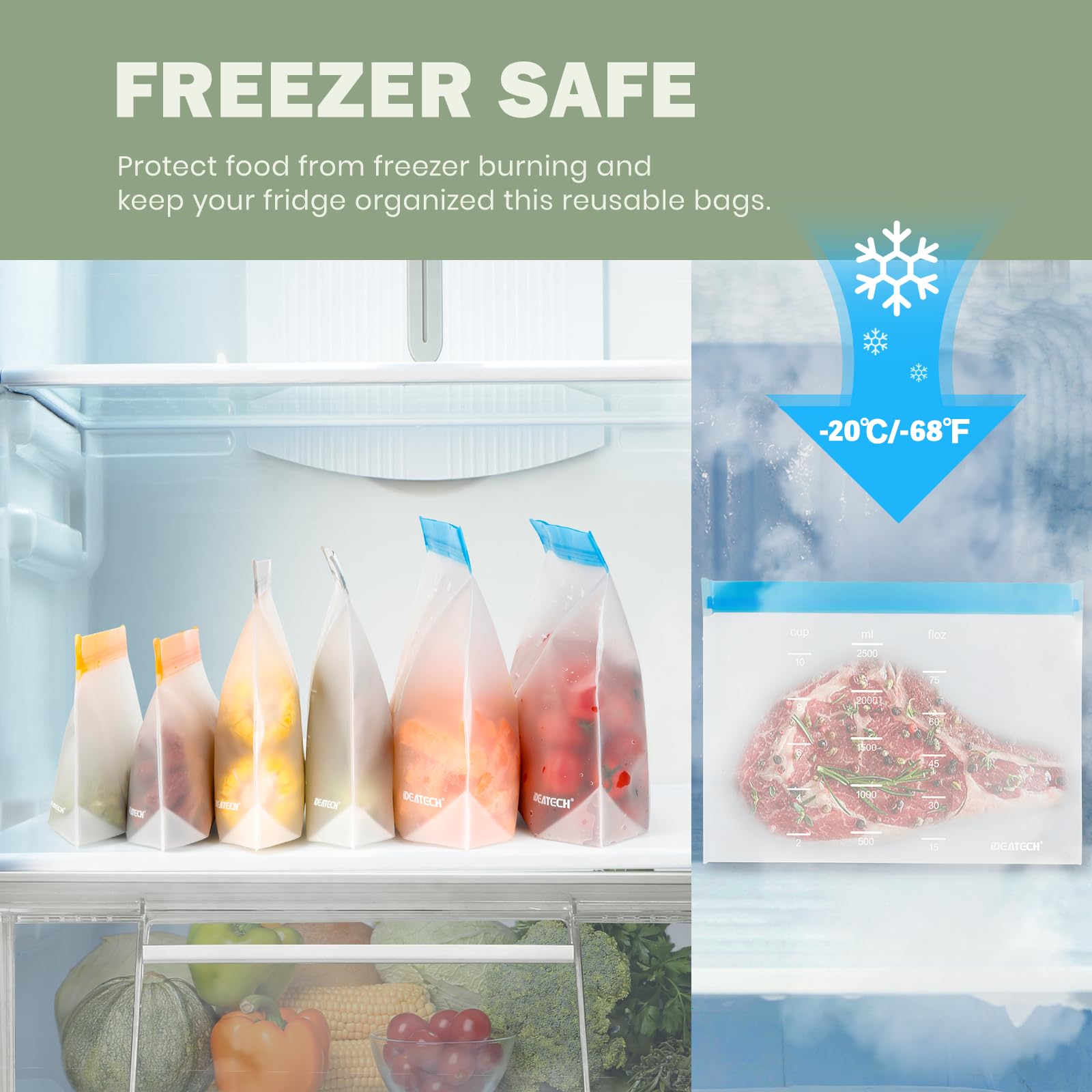 Dishwasher Safe Reusable Storage Bags Stand Up - BPA Free PEVA Reusable Sandwich Bags - Leakproof Gallon Freezer Bags, Silicone Food Storage Bags (18 Pack- 6Gallon + 6Sandwich + 6Snack)