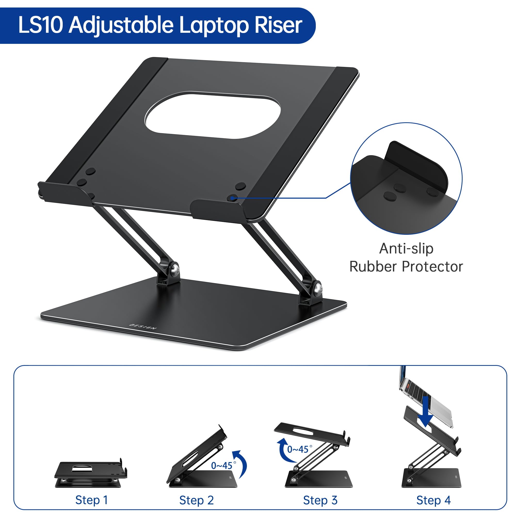Besign LS10 Laptop Stand for Desk, Ergonomic Adjustable Notebook Tablet Stand, Riser Holder Computer Stand Compatible with Air, Pro, Dell, HP, Lenovo More 10-14" Laptops, Lapdesks (Black)