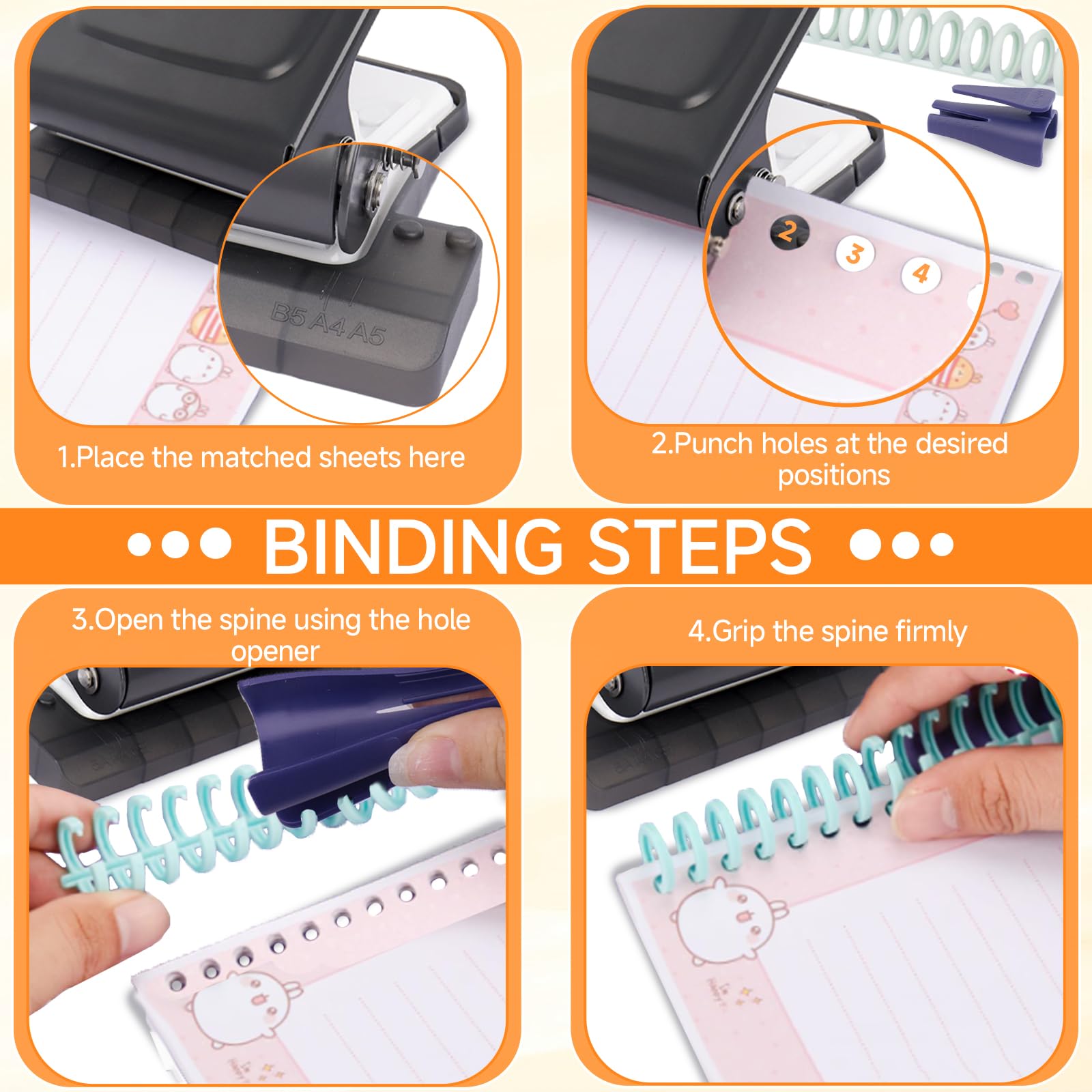 TUAKIMCE 10-Hole Punch Binding Machine for Planners, Mini Metal Manual Binding System with 10 Multi-Color Binder Rings, Punches 30 Holes on A4, 20 Holes on A5, 26 Holes on B5