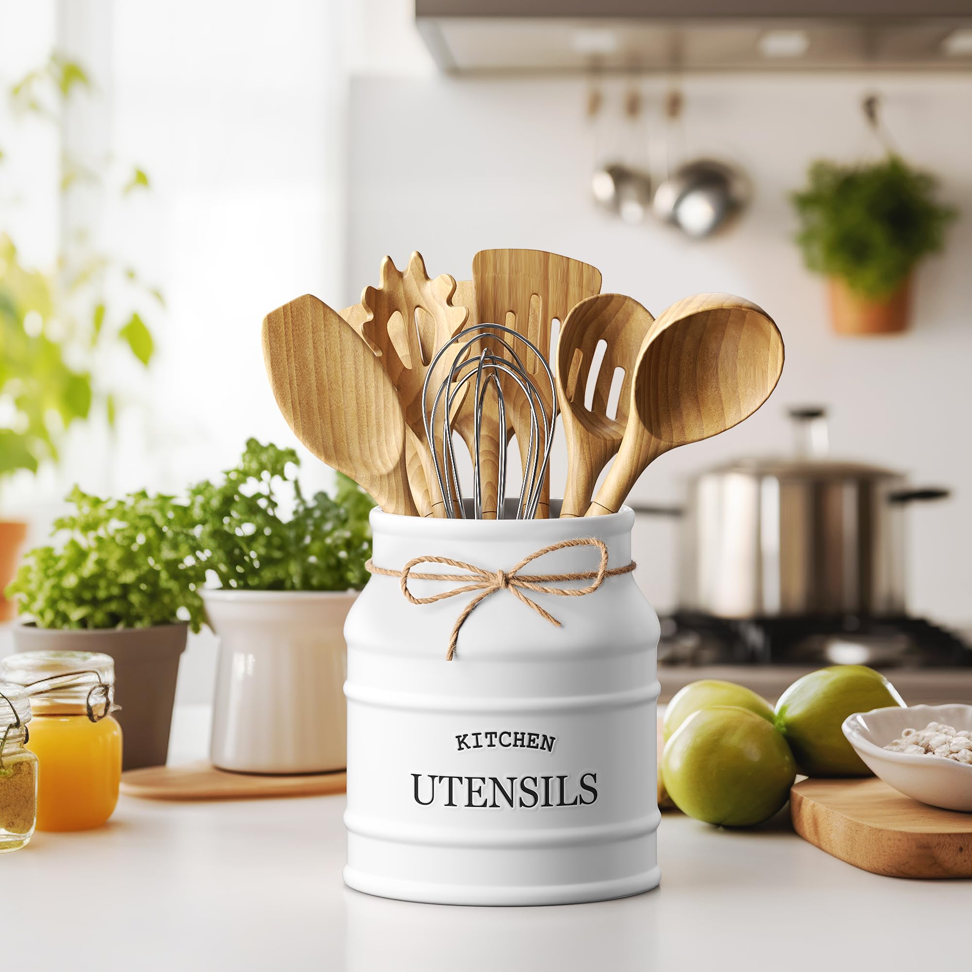 Barnyard Designs Ceramic Utensil Crock Holder for Kitchen Counter, Rustic Farmhouse Countertop Decor, French Country Organizer for Cooking Utensils, Spatulas and Mixing Spoons (White)