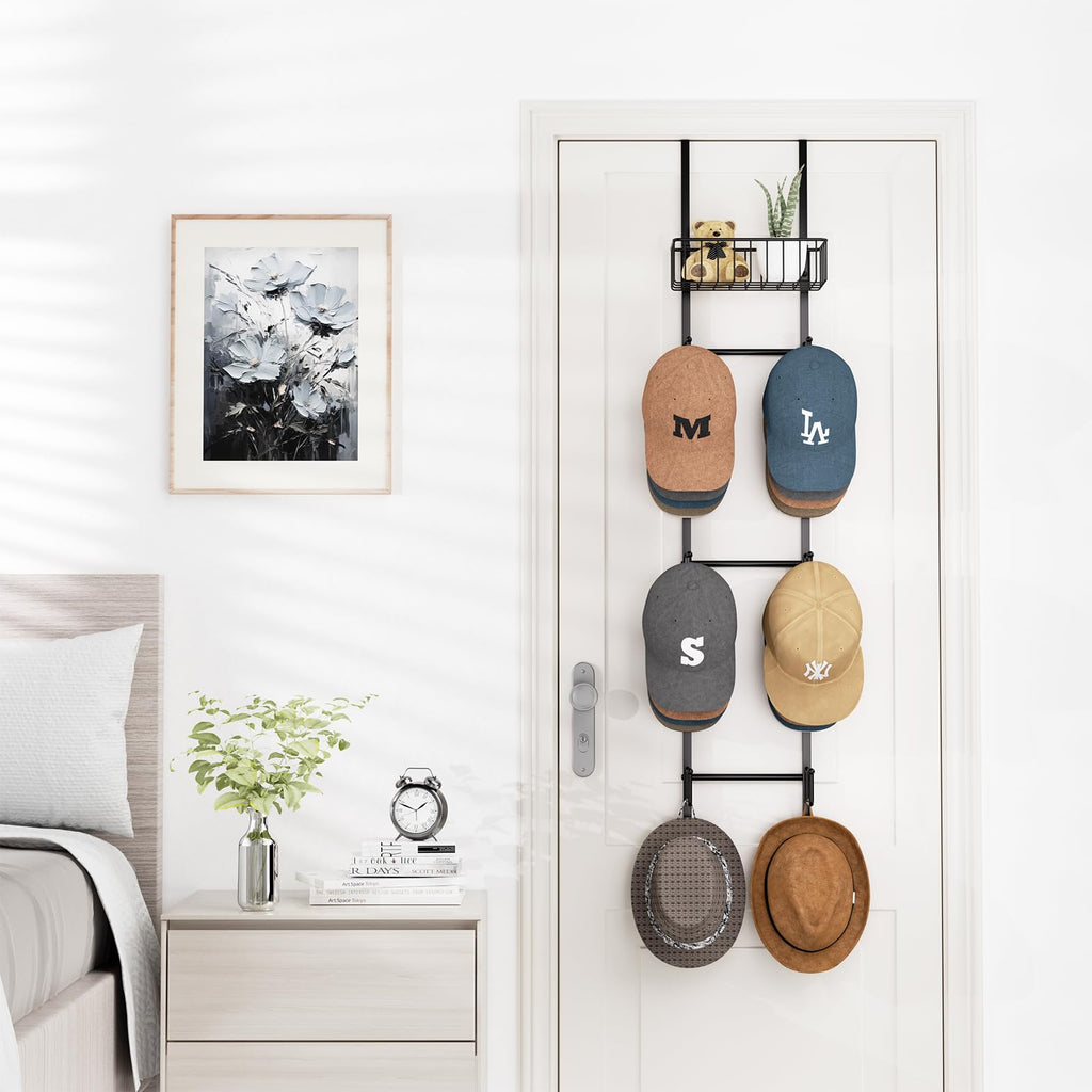 HapiRm Hat Racks for Baseball Caps - Over Door Hat Rack Organizer, Wall Mounted Hats Holder with 6 Hat Hooks and Metal Basket Design, Hanging Hats Storage Up to 32 Caps for Door, Bedroom, Closet