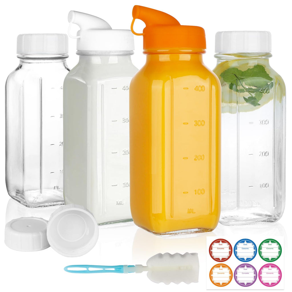 HINGWAH 4 Pack 16 OZ Glass Milk Bottles with Lids & Scale & Silicone Pour Spout, Reusable Square Water Bottles for Juice, Milk, Smoothies