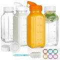 HINGWAH 4 Pack 16 OZ Glass Milk Bottles with Lids & Scale & Silicone Pour Spout, Reusable Square Water Bottles for Juice, Milk, Smoothies