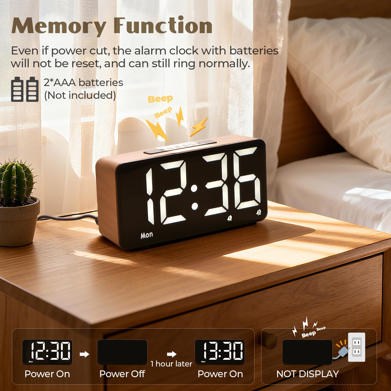 GOLOZA Alarm Clocks for Bedrooms, Wood Grain, Digital Clock with Large Display, Desk Clock for Bedside, Power-Off Memory & Alarm, 5 Level Brightness +Off, Dual Alarm, 12/24H, 9min Snooze, Reveil Matin