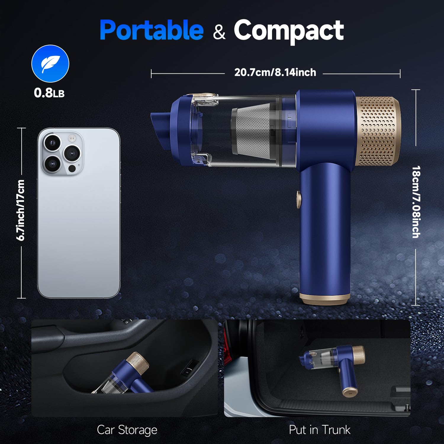 Car Vacuum Cleaner,16000PA New Handheld Vacuum Cleaner Cordless Powerful,7 in 1 Portable Vacuum Claner with LED Light, Dual Filters, One-Touch Empty for Pet Hair, Home, Office