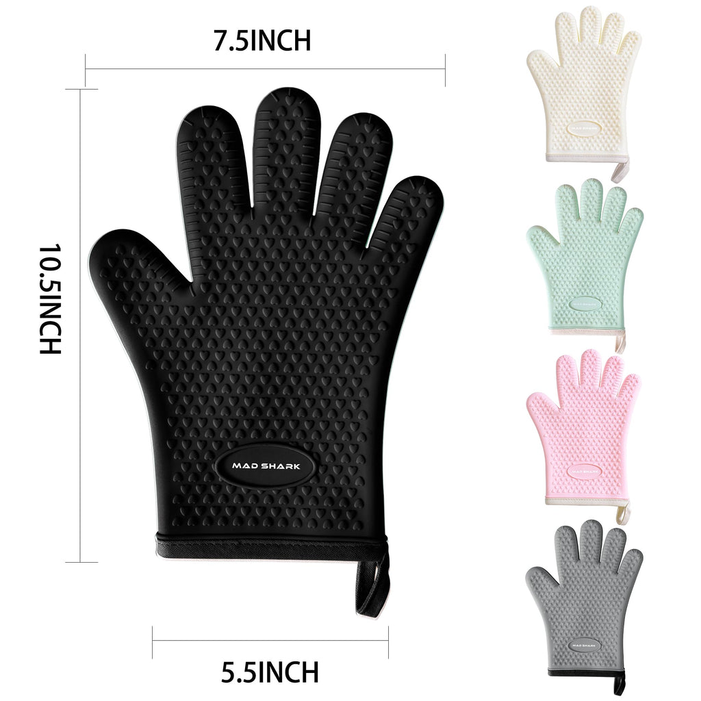 MAD SHARK Silicone Oven Mitts Heat Resistant 450 Degrees,Waterproof & Non-Slip Oven Gloves with Fingers,Cotton Lined Silicone Oven Gloves Kitchen Mitts for Baking Cooking Barbecue,Women (Black)