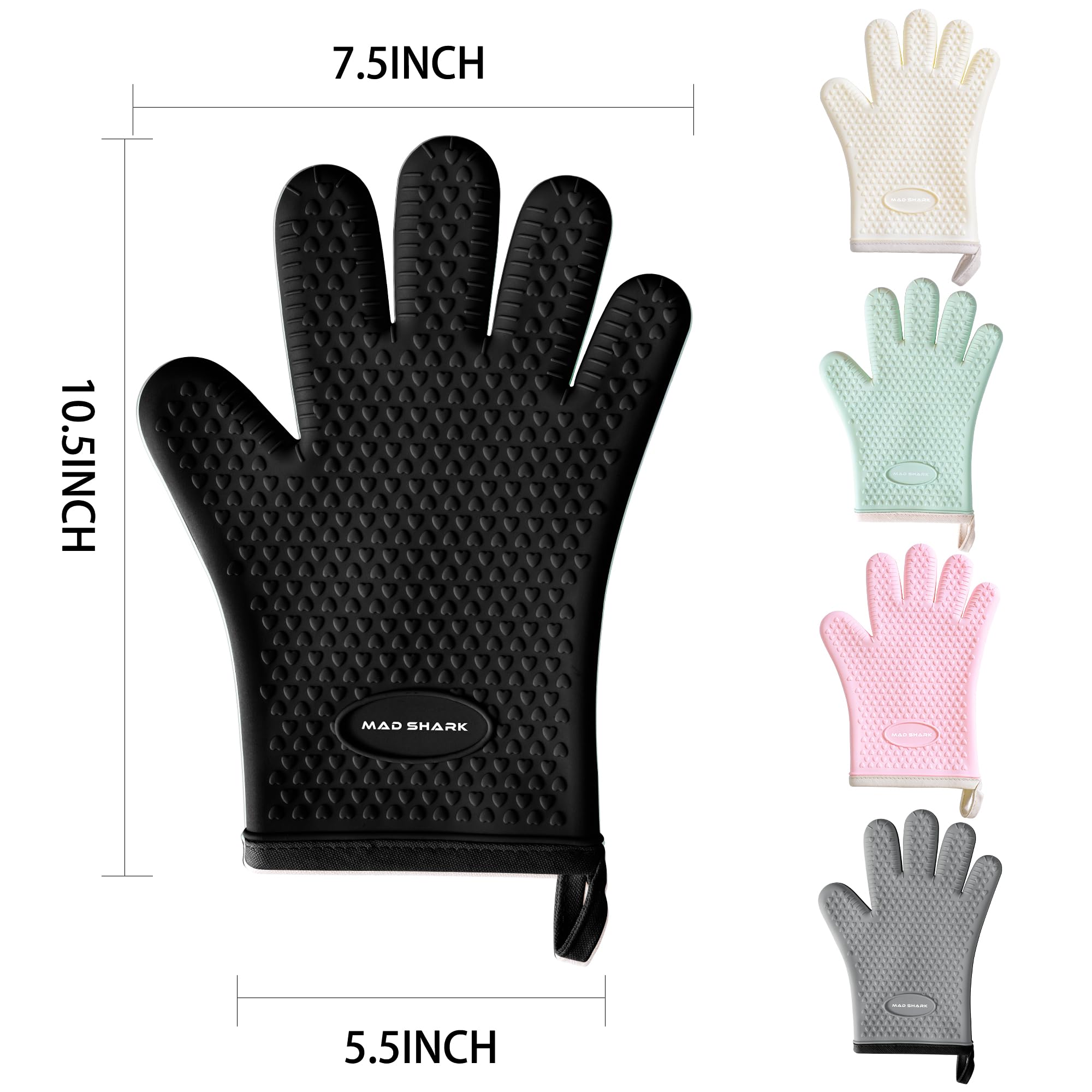 MAD SHARK Silicone Oven Mitts Heat Resistant 450 Degrees,Waterproof & Non-Slip Oven Gloves with Fingers,Cotton Lined Silicone Oven Gloves Kitchen Mitts for Baking Cooking Barbecue,Women (Black)