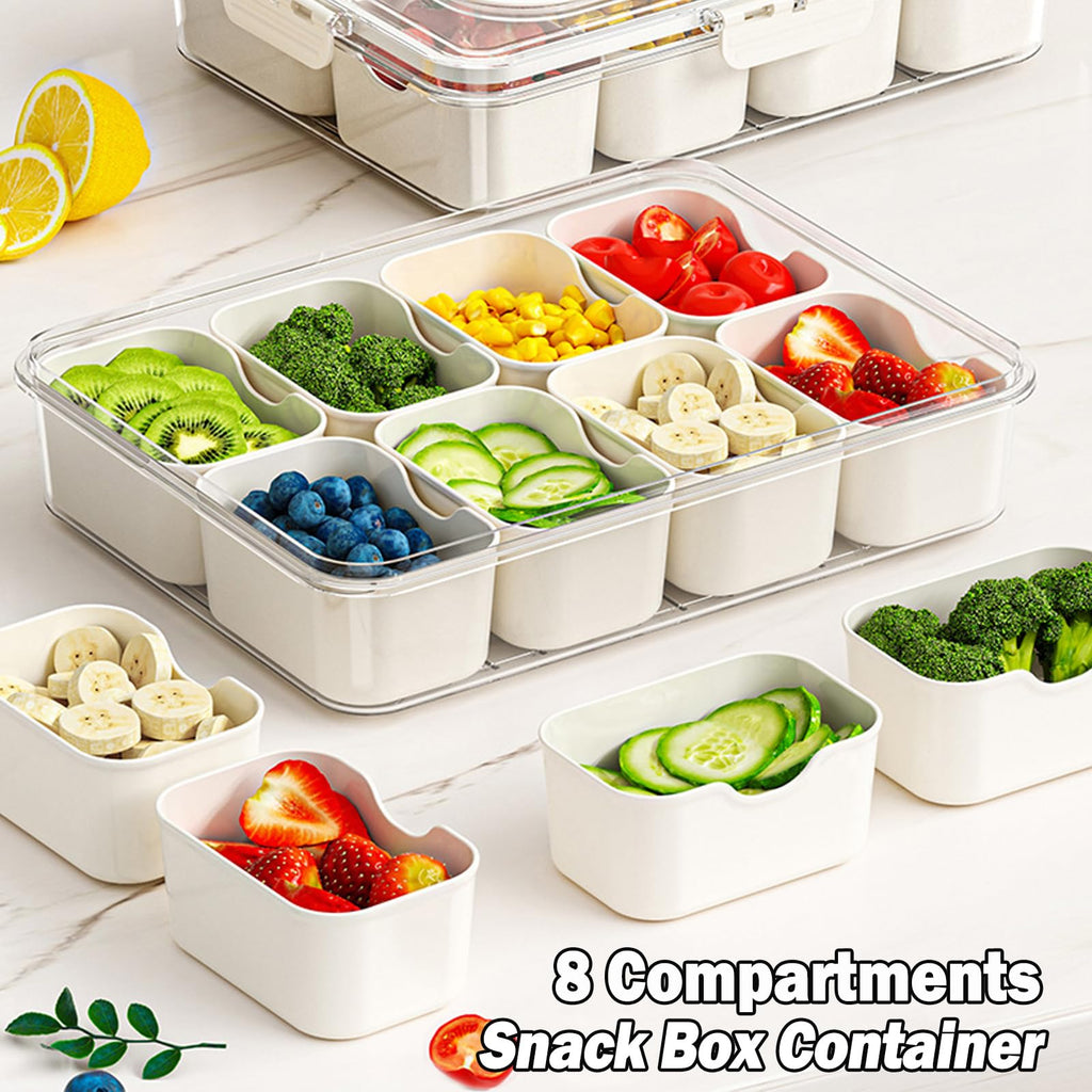 KIGITIONE Divided Snackle Box, 8 Compartments Portable Serving Tray with Lid and Handle, Clear Snack Platter Organizer for Fruits, Snacks, Nuts, Candy, Ideal for Party, Travel & Picnics