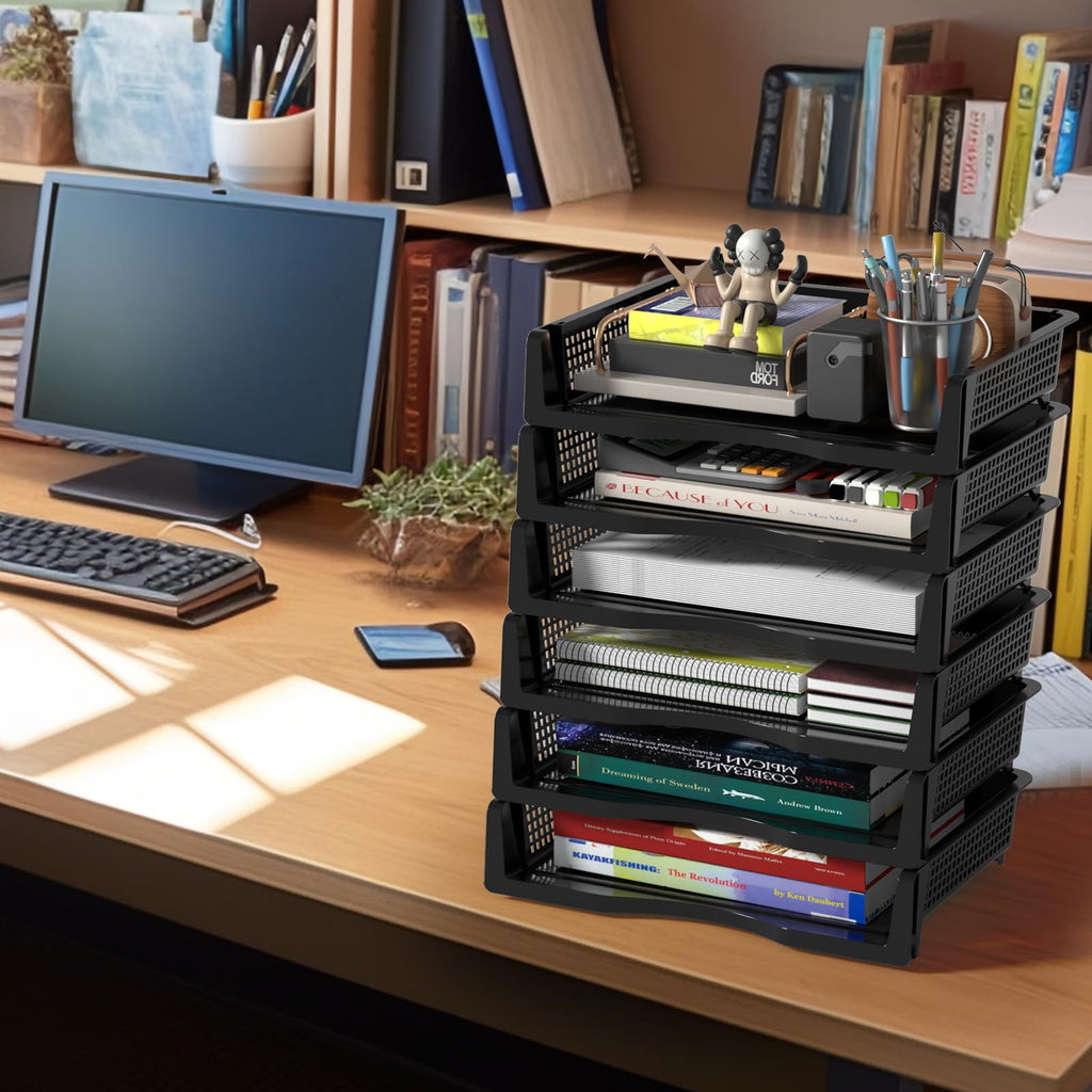 Qqbine 6 Packs Plastic Stackable Paper Tray Organizer, Desktop File Tray, Black