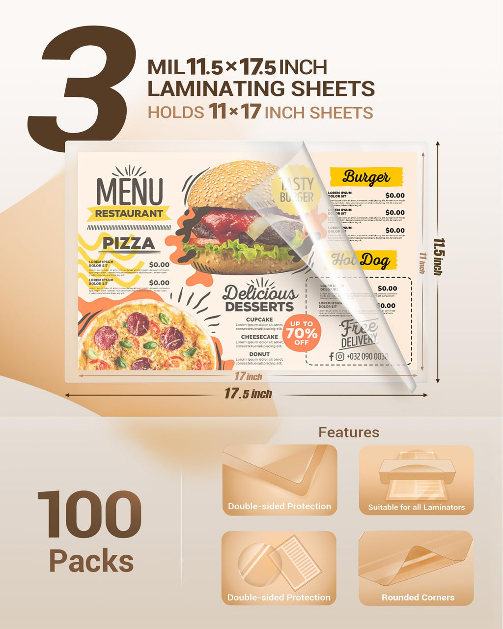 Uinkit Thermal Laminating Pouches 3Mil 11.5x17.5 Inches A3 Laminating Sheets for Extra Protection for Sealed A3 11x17 Photo and documents 100 Sheets Pack, Clear. (100, 11.5x17.5"-A3 Size)