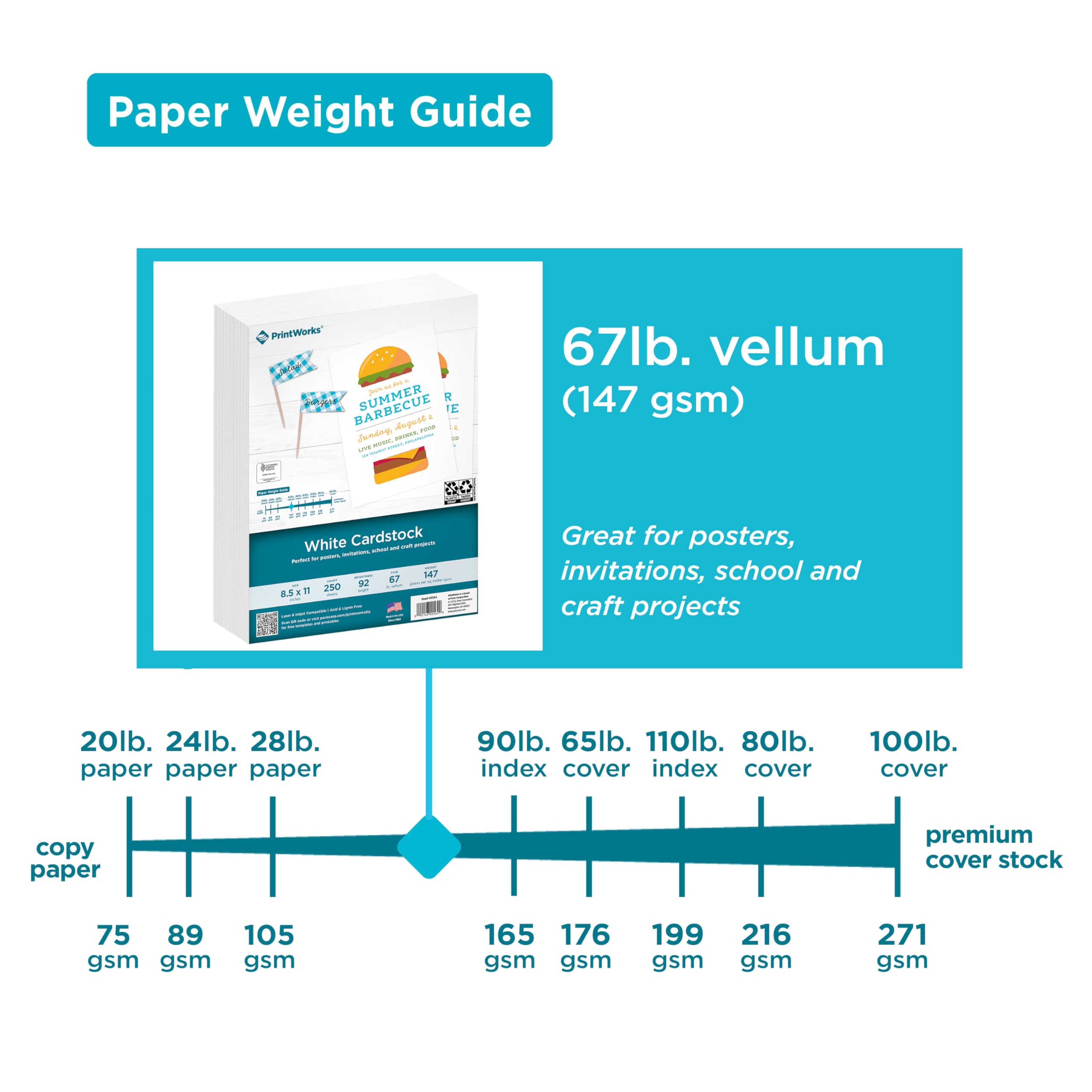 Printworks White Cardstock, Standard, 67 lb. Vellum, 92 Bright, 250 sheets, 8.5 x 11, For Office, Home & School Printing, Craft Projects (00564)
