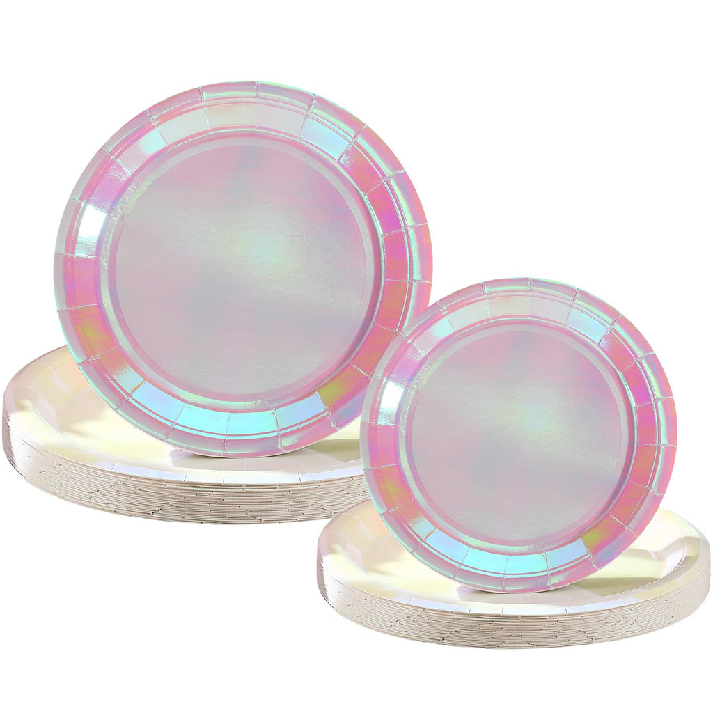 Newtay 50 Pcs Iridescent Pink Paper Plates 7" and 9" Holographic Glitter Round Plates for Birthday Wedding Baby Shower Party Supplies