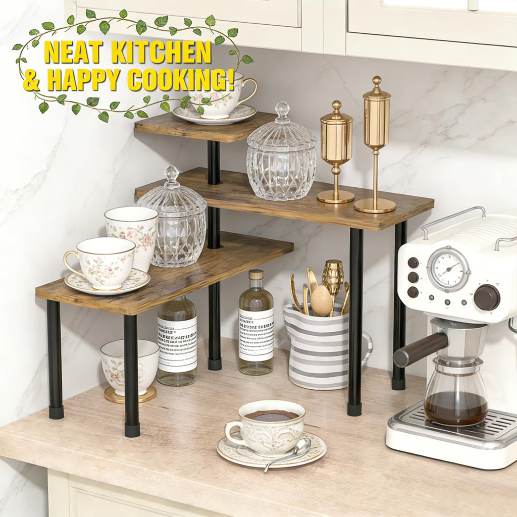 3 Tier Moveable Corner Shelf Organizer for Kitchen, Bathroom, Spice Rack, Coffee Area, over Sink, Dresser Table, Countertop Storage Rack (Rustic Brown)