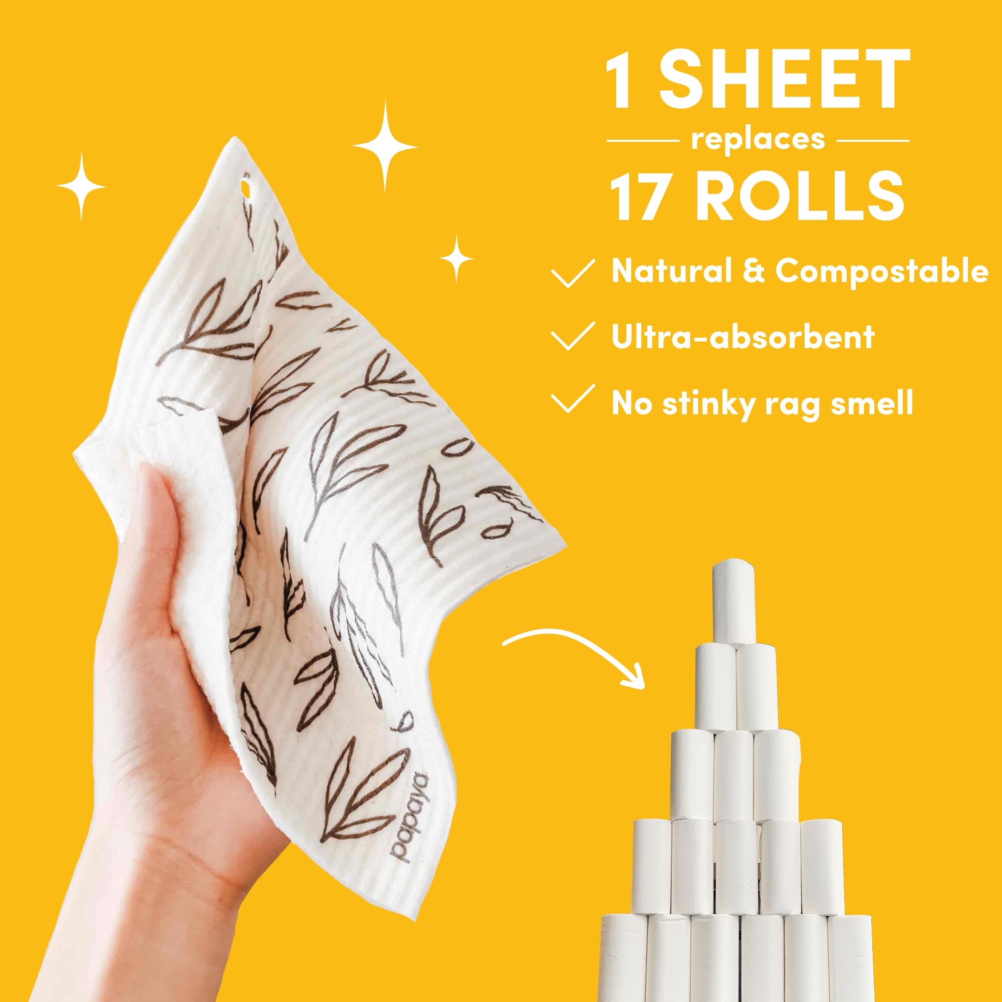 Papaya Reusable Paper Towels 2-Pack - 2 Sheets + 1 Hook, 1 Sheet Replaces 17 Rolls, Quick Drying, No Odor, Washable Kitchen Cloth, Sustainable Dish Sponge, Eco Friendly Gift (Squeeze The Day)