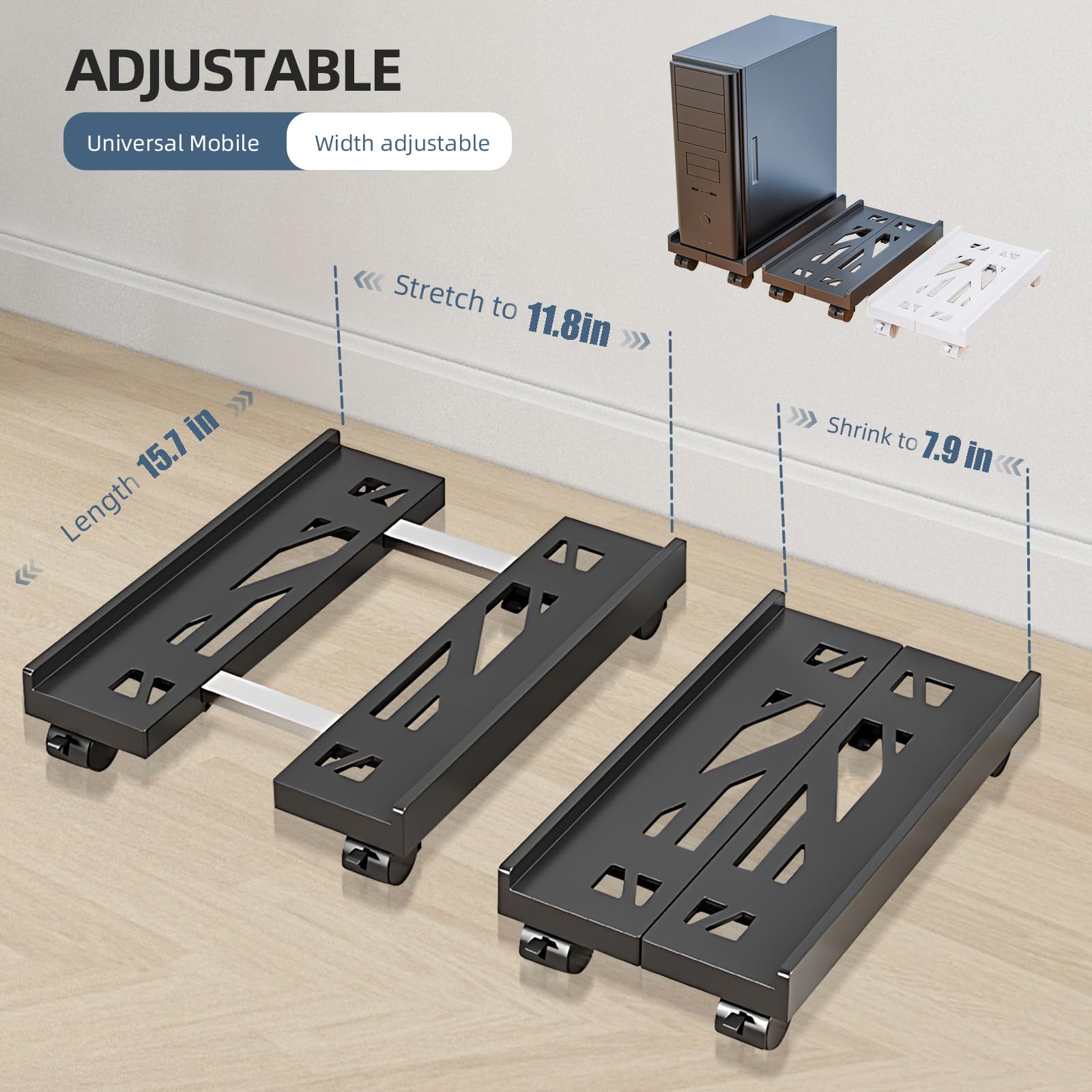 Hovadova Adjustable Mobile CPU Stand, Ventilated Computer Tower Stand with 4 Caster Wheels Fits Most PC Tower, Under Desk CPU Holder PC Floor Cart Computer Riser for Students and Gamers