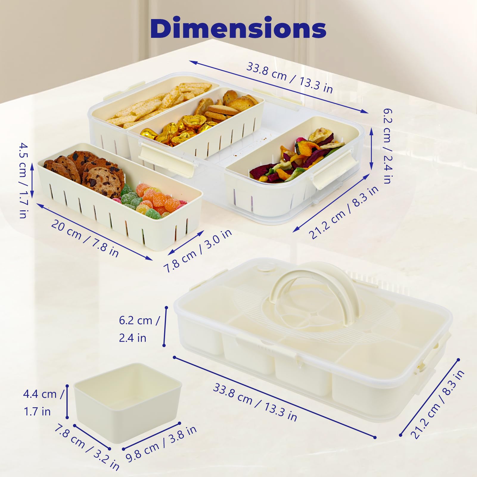 YarkeeSky 2PCS Divided Snackle Box Dishwasher Safe, Air-tight Snack Box Container, Portable Snack Platters, Divided Serving Tray with Lid and Handle for Candy Fruits Nuts, Veggie Tray 4+8 Compartments