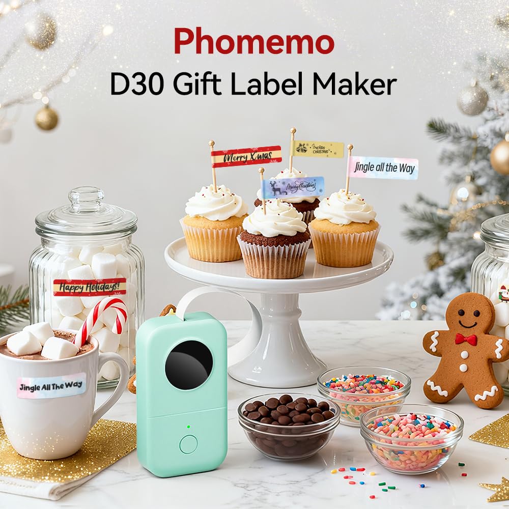 Phomemo D30 Label Maker Machine with Tape, Portable Bluetooth Label Printer, Small Smart Phone Handheld Sticker Mini Labeler Multiple Templates Font Icon Easy to Use Inkless Rechargeable F Office Home