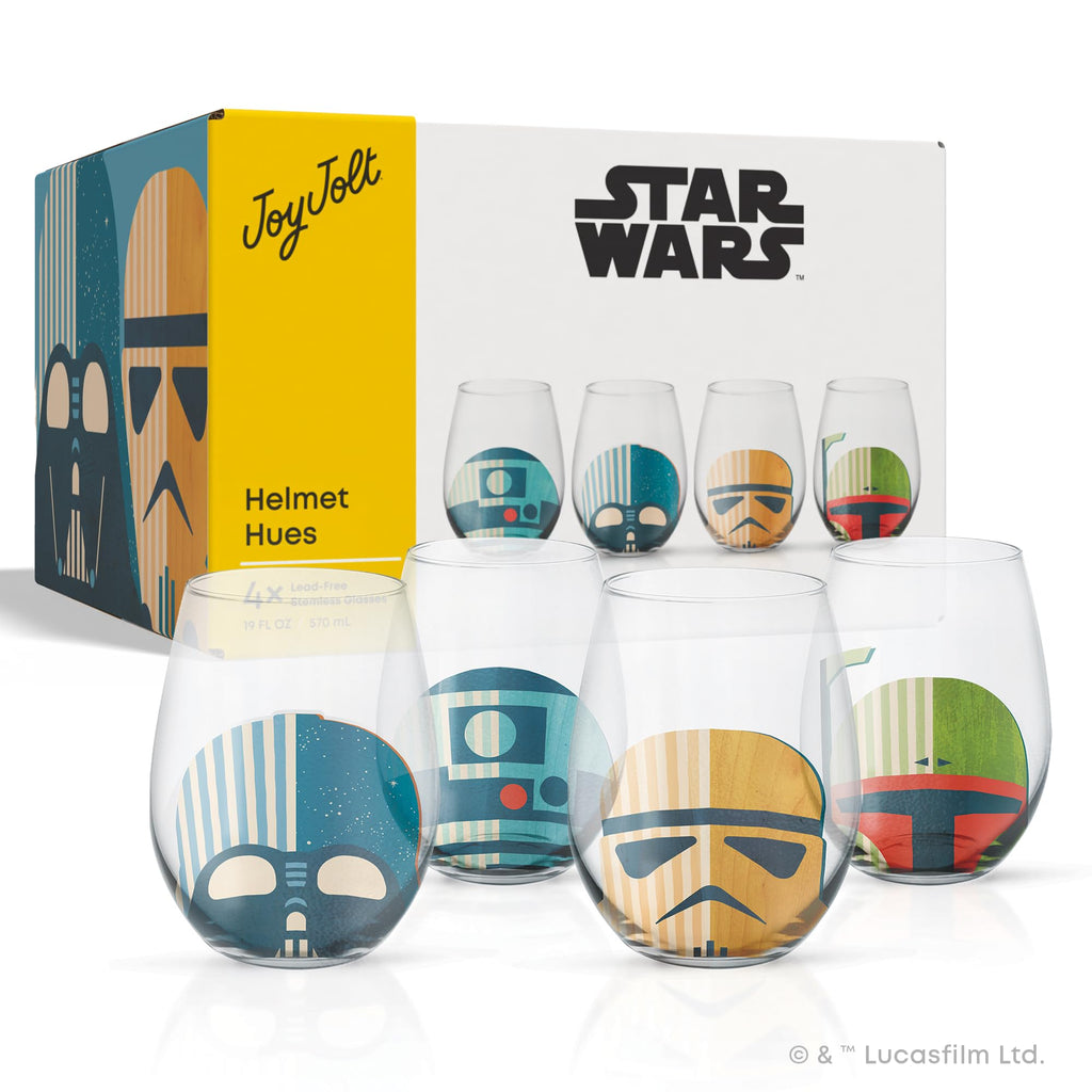 JoyJolt Star Wars™ Helmet Hues Tumblers Stemless Glasses. Set of 4 Large 19oz Glass Drinking Glasses, Wars Kitchen Gifts and, Collectibles for Adults