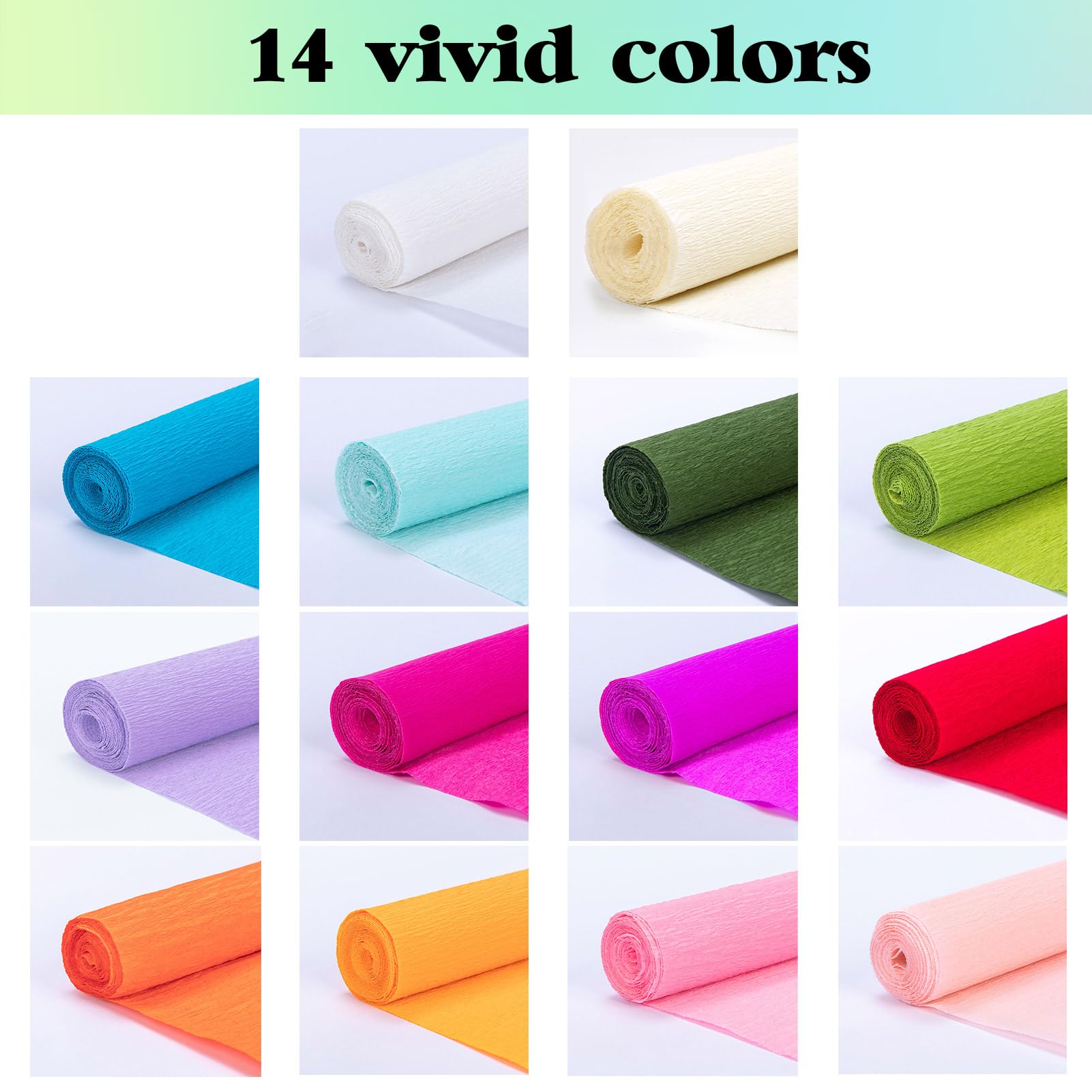 65pcs Crepe Paper Flower DIY Kits, 14 Rolls Rainbow Colors Crepe Paper Rolls 8ft Long 10 Inch Wide, 50 Pcs Green Floral Iron Wire and 1 Roll Green Tape for Birthday Party Wedding Festival Ornament