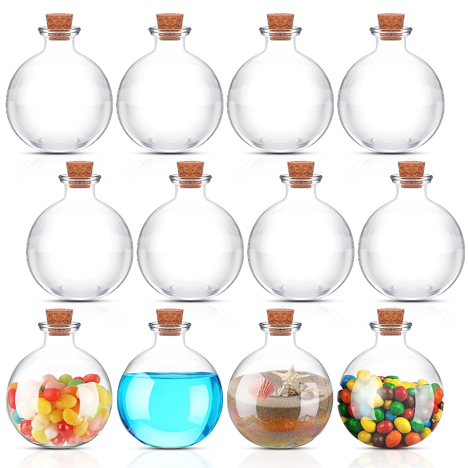 12 Pcs Spherical Glass Bottles, 8.5 oz Glass Potion Bottles with Cork Clear Potion Jars Decorative Bottle for Sand DIY Crafts Wedding Birthday Party Favor Gift