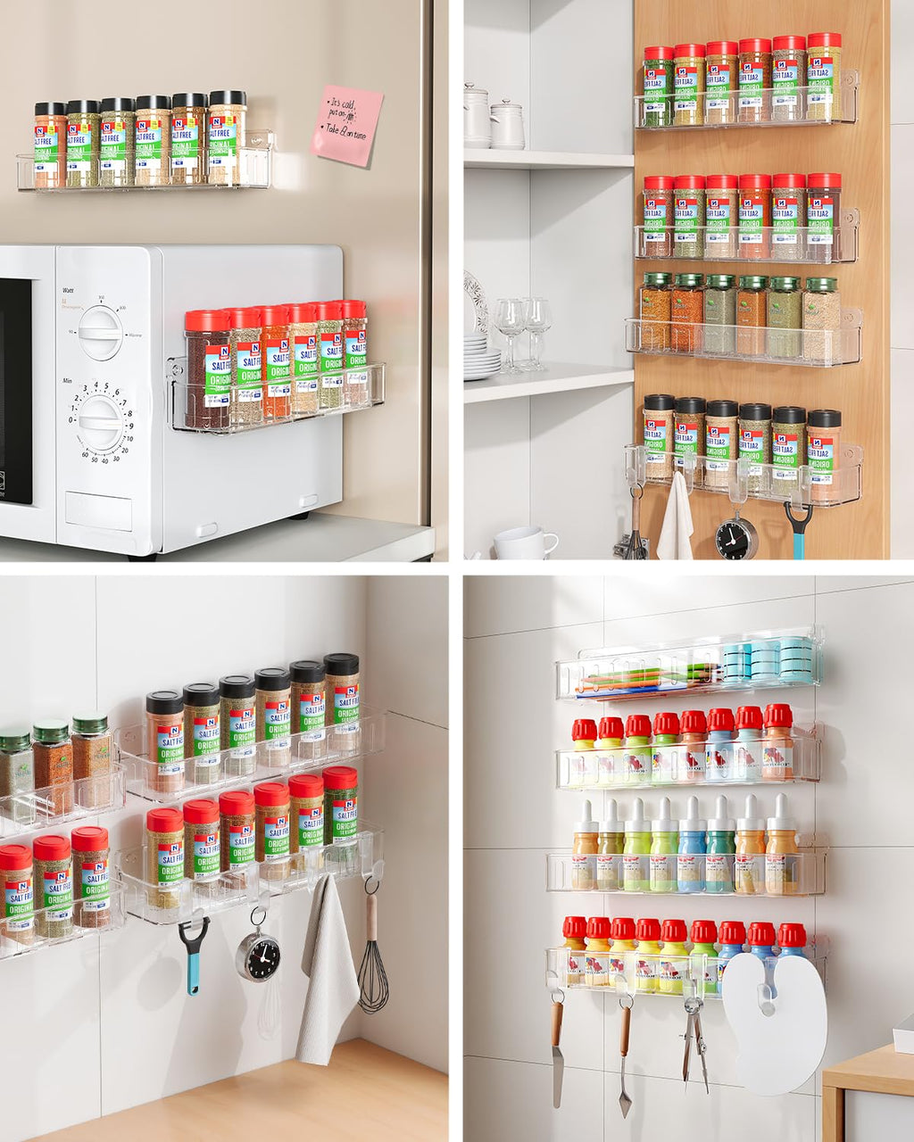 Nieifi Spice Rack Wall Mount, Spice Organizer for Spice Jars, Screw or Adhesive Hanging Spice Rack Organizer for Your Kitchen Cabinet or Pantry Door,4 Pack (Clear)