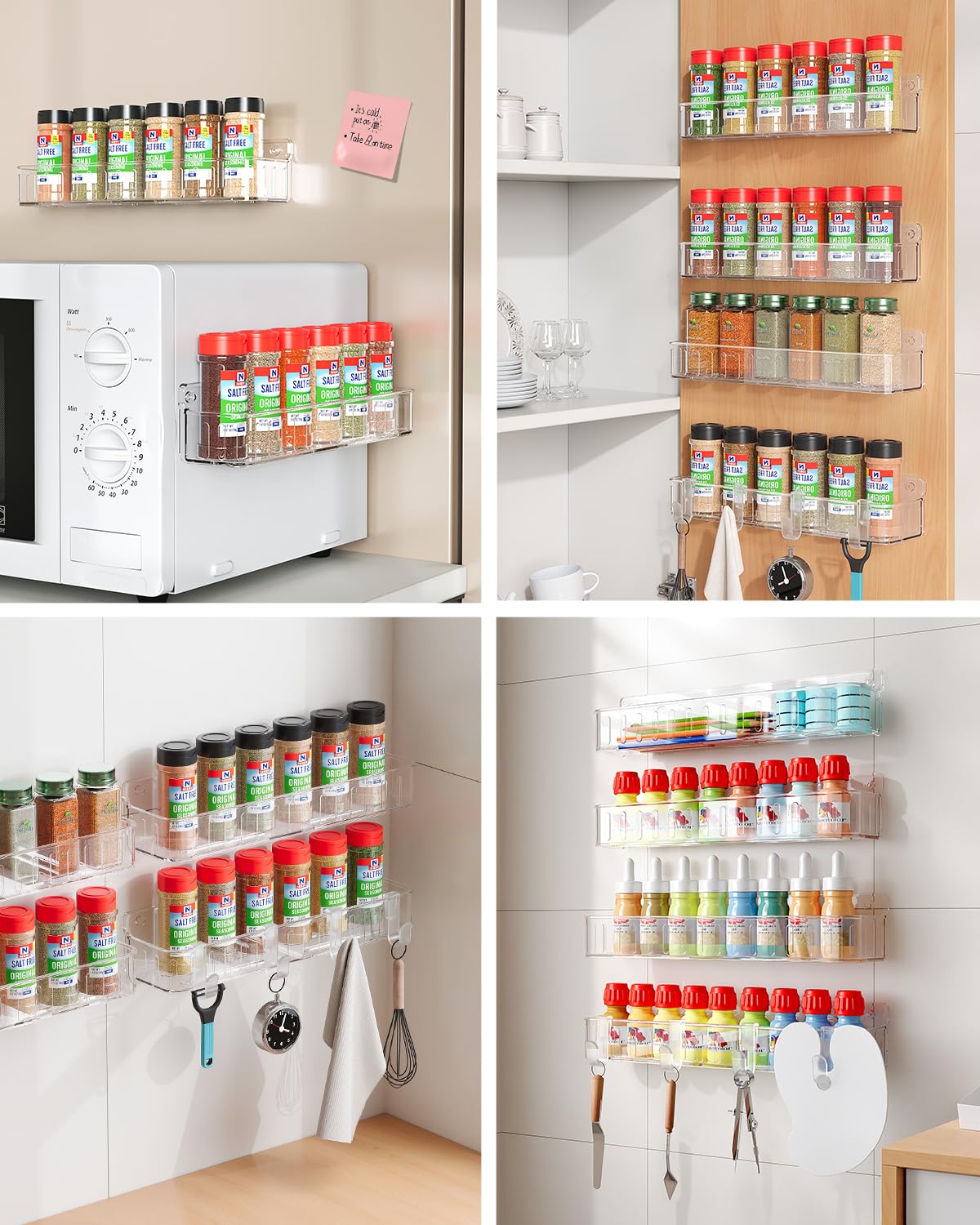 Nieifi Spice Rack Wall Mount, Spice Organizer for Spice Jars, Screw or Adhesive Hanging Spice Rack Organizer for Your Kitchen Cabinet or Pantry Door,4 Pack (Clear)