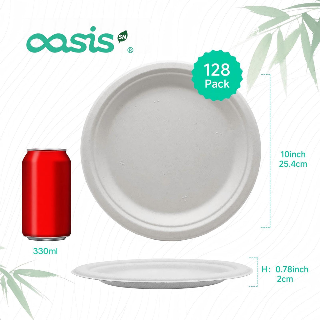 OasisSN 10 Inch 128 Pack Compostable Disposable Paper Plates, Large Round Dinner Plates, Heavy Duty Sugarcane Bagasse, Biodegradable Eco-Friendly for Parties & Daily Use, White