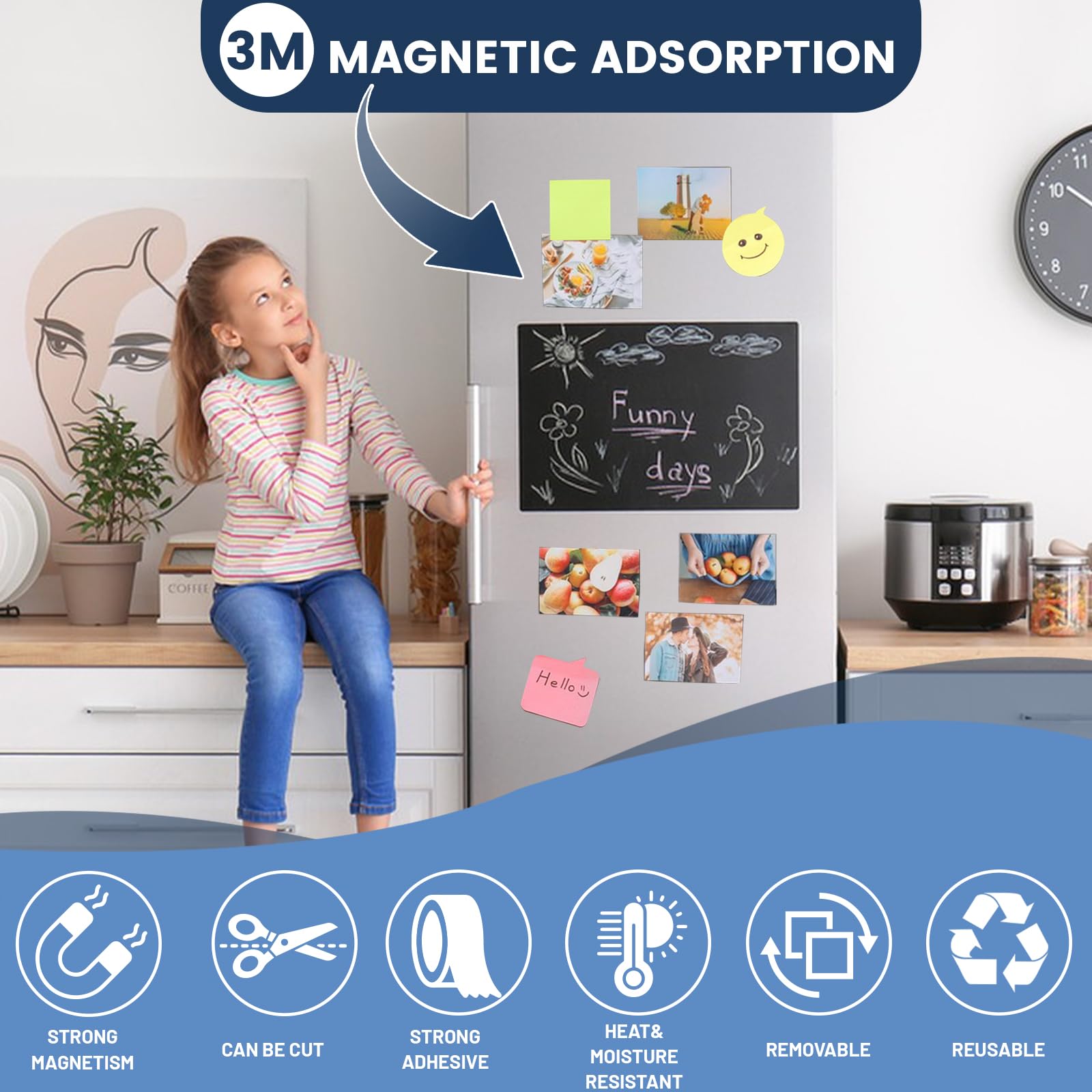 RIHEGIANT 3M Magnetic Strip Rolls - 1" x 16ft Strong Magnet with Adhesive Backing, Multipurpose Flexible Rubber Strips for Kitchen, Office, School, Etc.