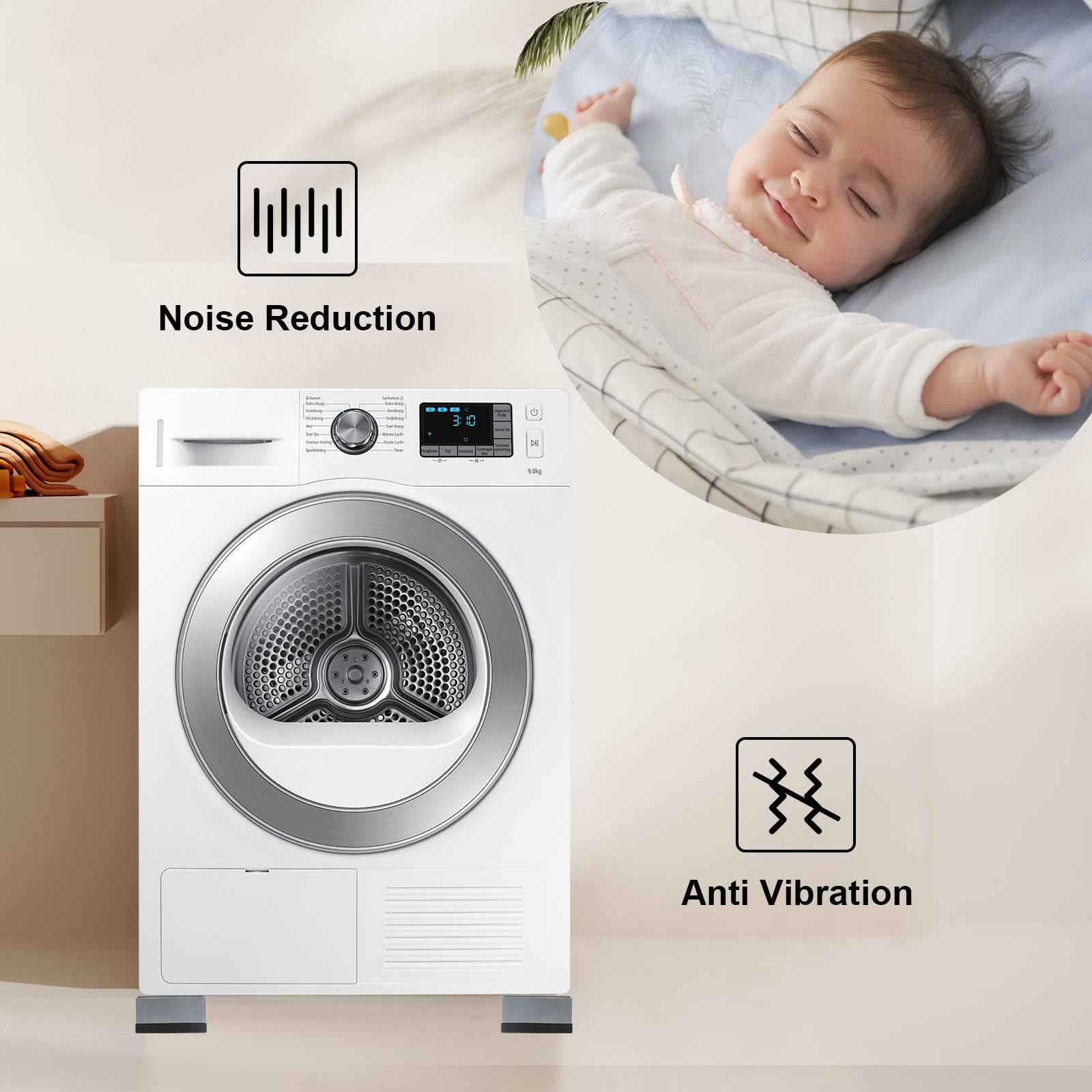 4Pcs Anti Vibration Pads for Washing Machine, Stops Washer Dryer Moving, Prevents Noise, Vibration Transfer, Antivibration Stabilizer Support Feet (Increase1.8in)