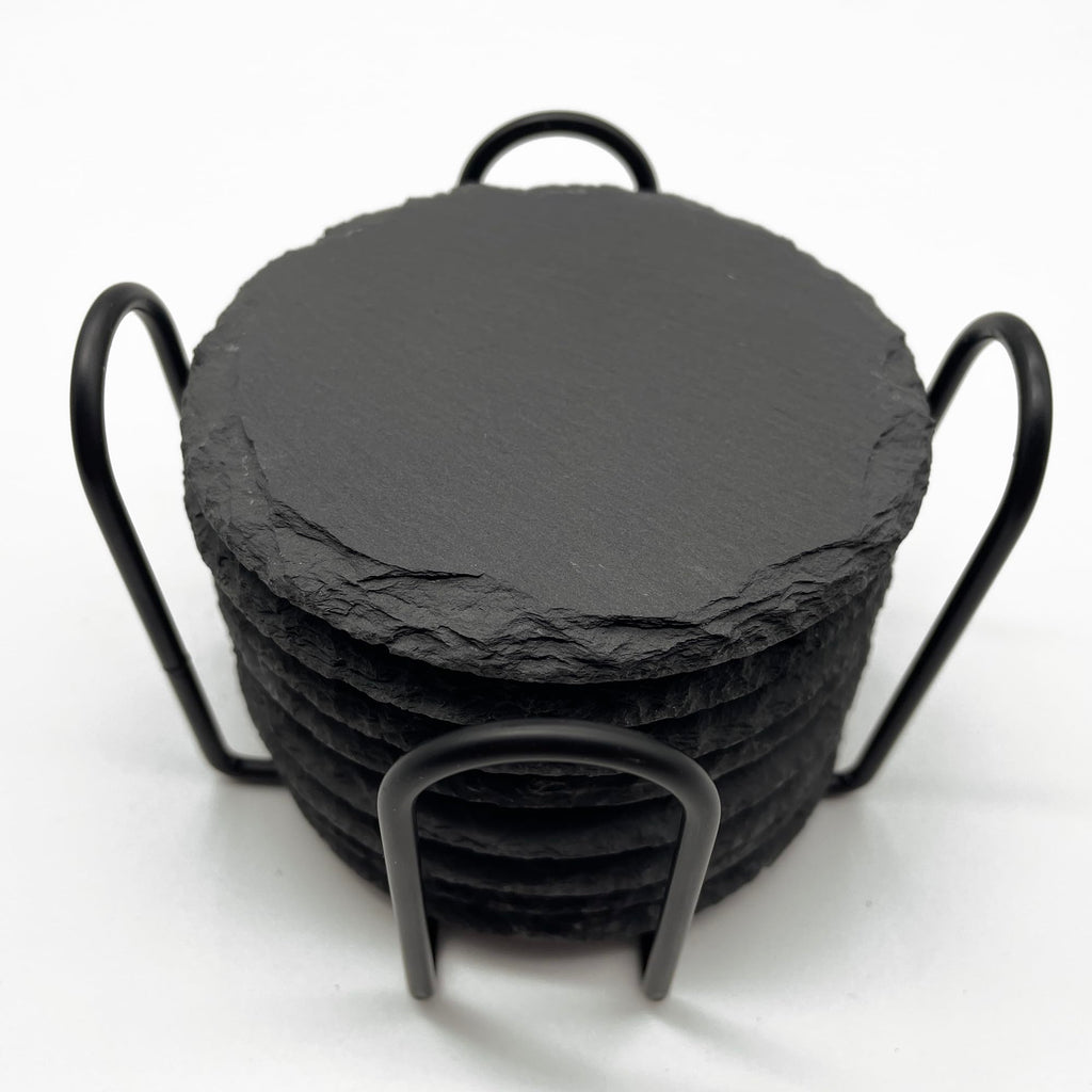 8 Pack 4 inch Round Slate Coasters with Metal Holder,Handmade Natural Rough Edge,with Integral Anti-Skid pad,Laser Engraving Blanks,Stone Coasters