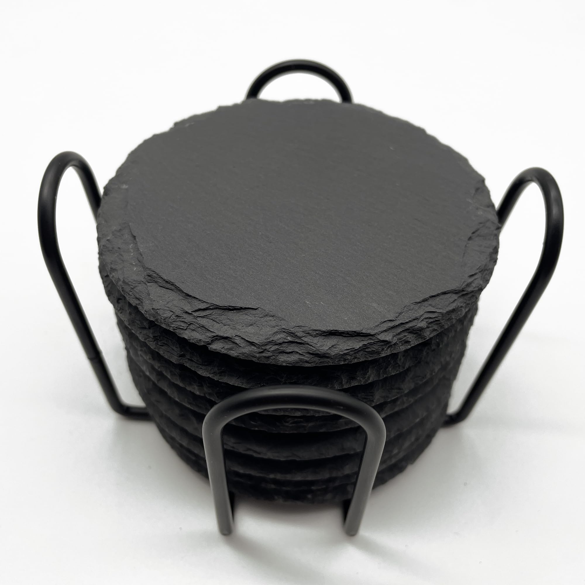 8 Pack 4 inch Round Slate Coasters with Metal Holder,Handmade Natural Rough Edge,with Integral Anti-Skid pad,Laser Engraving Blanks,Stone Coasters