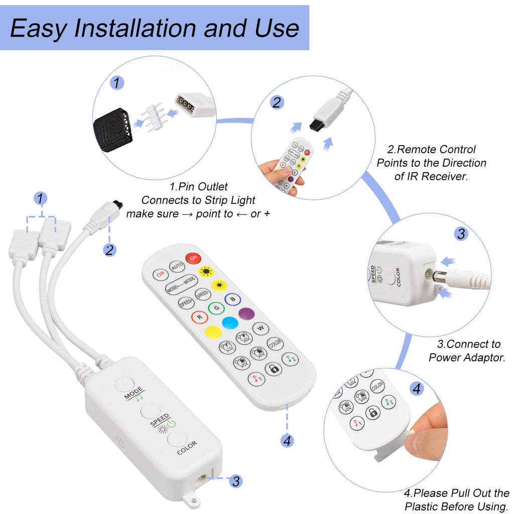 LED Remote Replacement with Controller, Bluetooth RGB LED Controller Set with APP/Music Sync Only Compatible with 12V 10mm RGB LED Lights Strip (12V/36W Power Adapter Included)