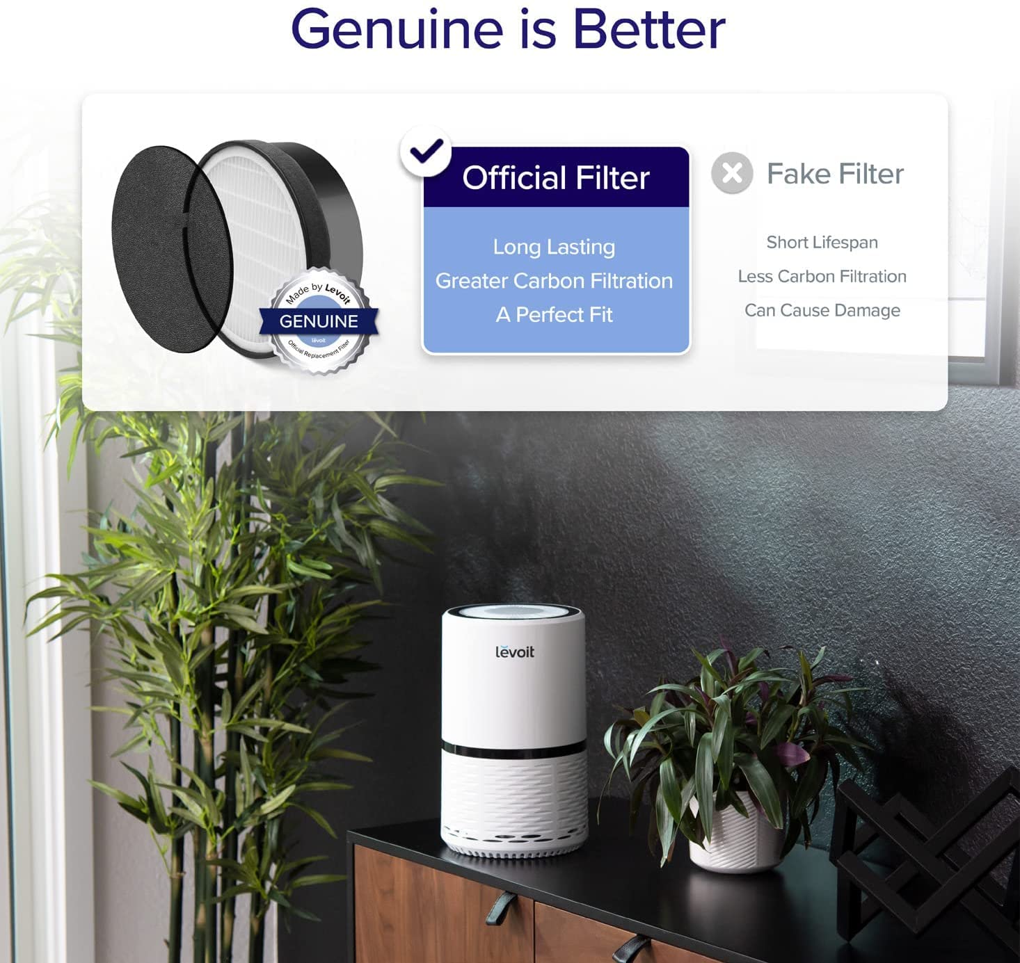 Levoit LV-H132 Air Purifier Replacement Filter, Genuine 3-in-1 Air Filter with High-Efficiency Activated Carbon, Removes Smoke, Odors, Allergens, Pollen, LV-H132-RF, 1 Pack