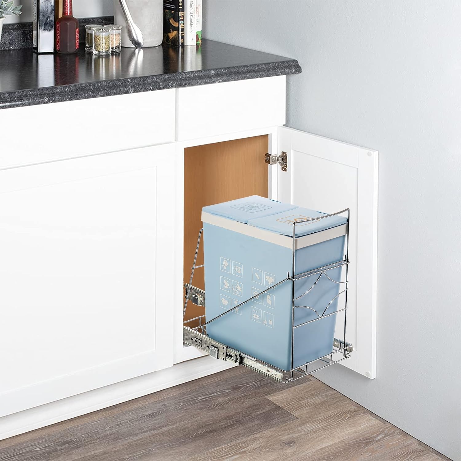 YOUEON Pull Out Trash Can Under Cabinet, Adjustable Stainless Steel Under Sink Trash Can Pull Out, Slide Out Garbage Shelf, Fit for 7-11 Gallon Trash Can(Not Included)